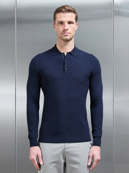 Square Textured Long Sleeve Button Polo Shirt in Navy