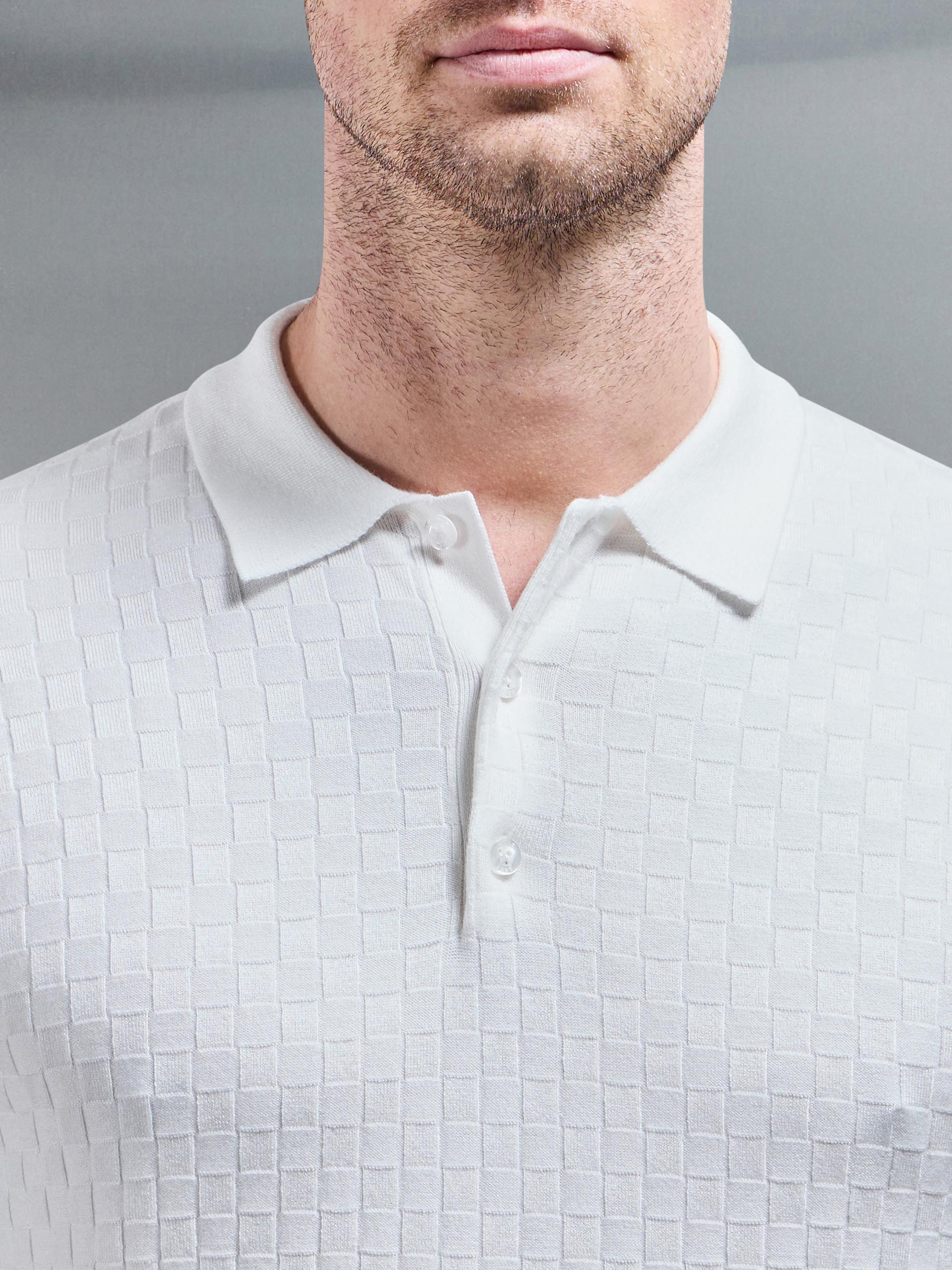 Square Textured Knitted Button Polo Shirt in White