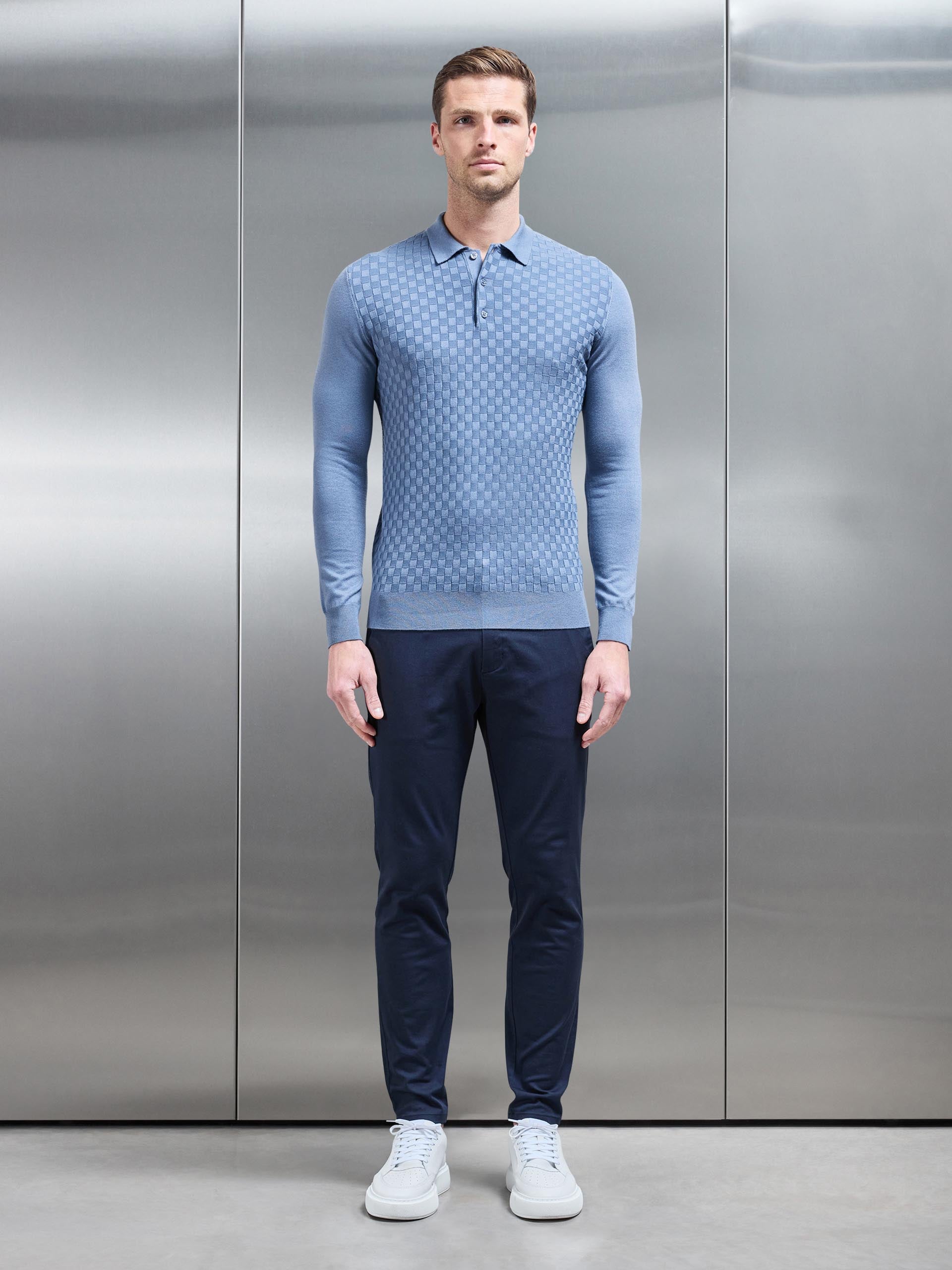 Square Textured Long Sleeve Button Polo Shirt in Silk Blue