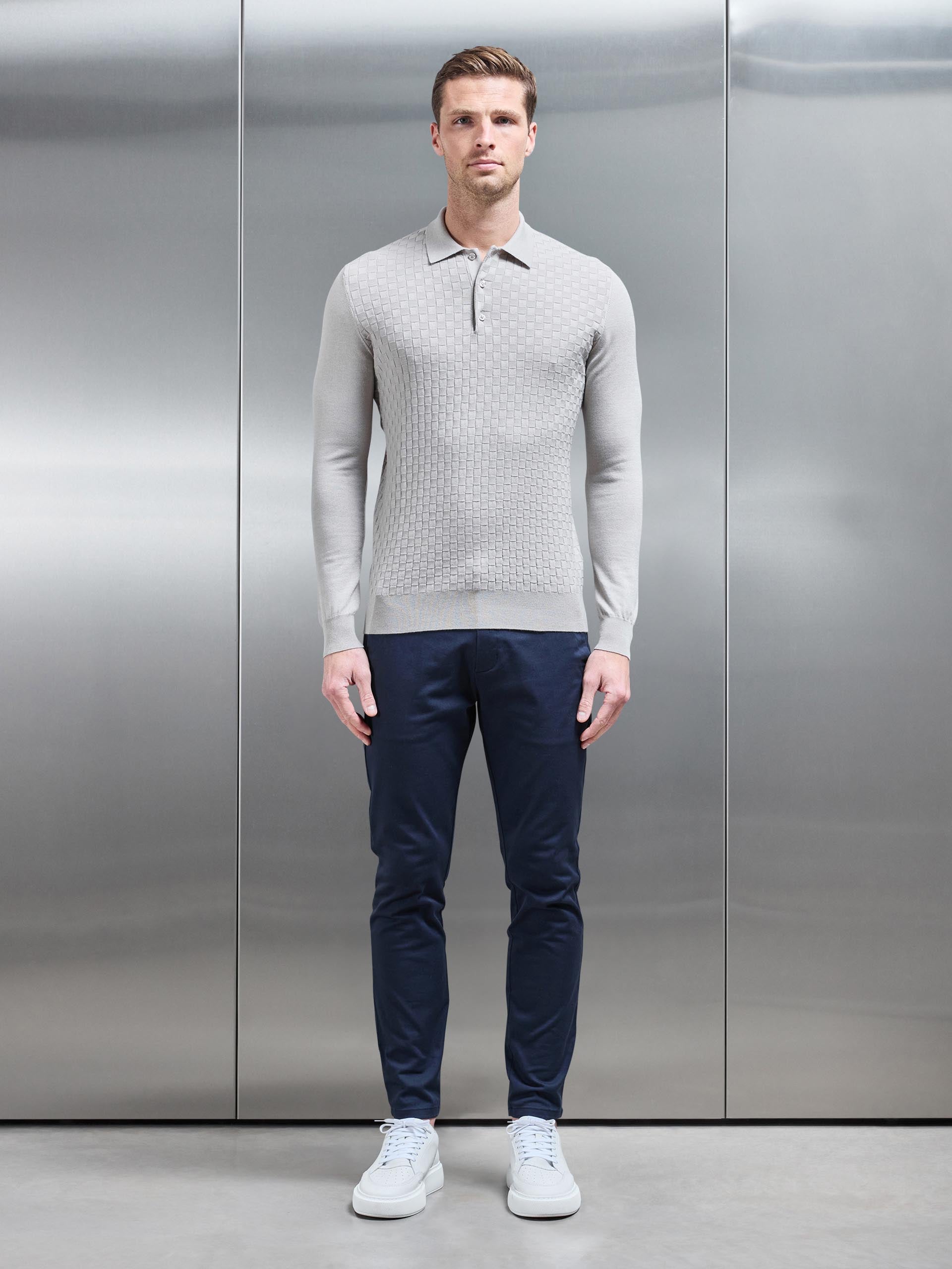 Square Textured Long Sleeve Button Polo Shirt in Stone