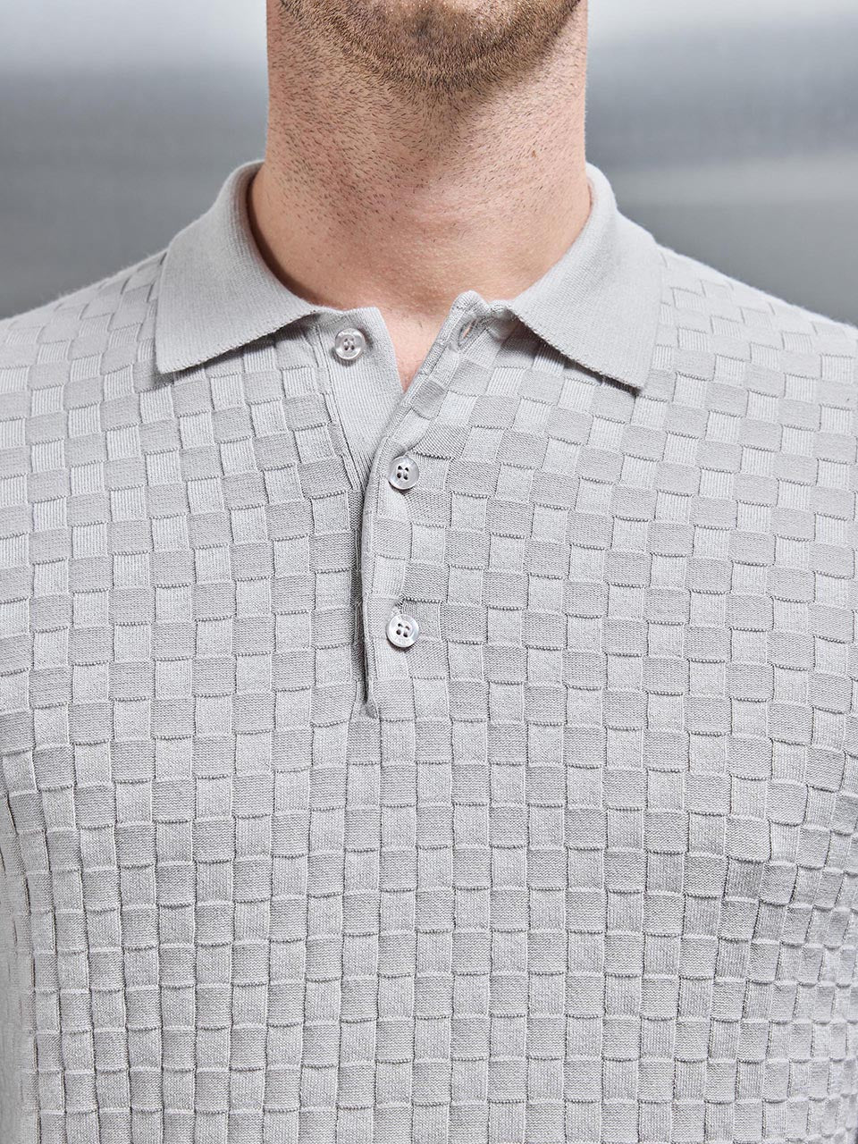 Square Textured Long Sleeve Button Polo Shirt in Stone