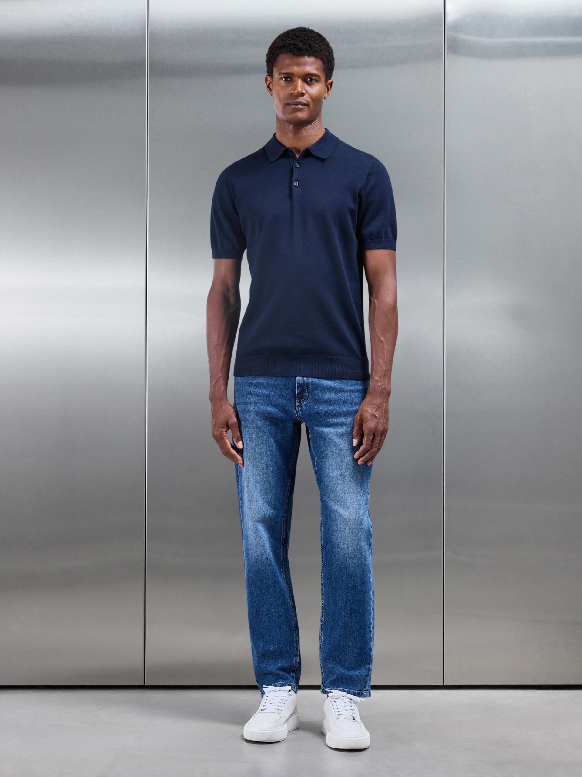 Straight Leg Denim Jeans in Mid Blue