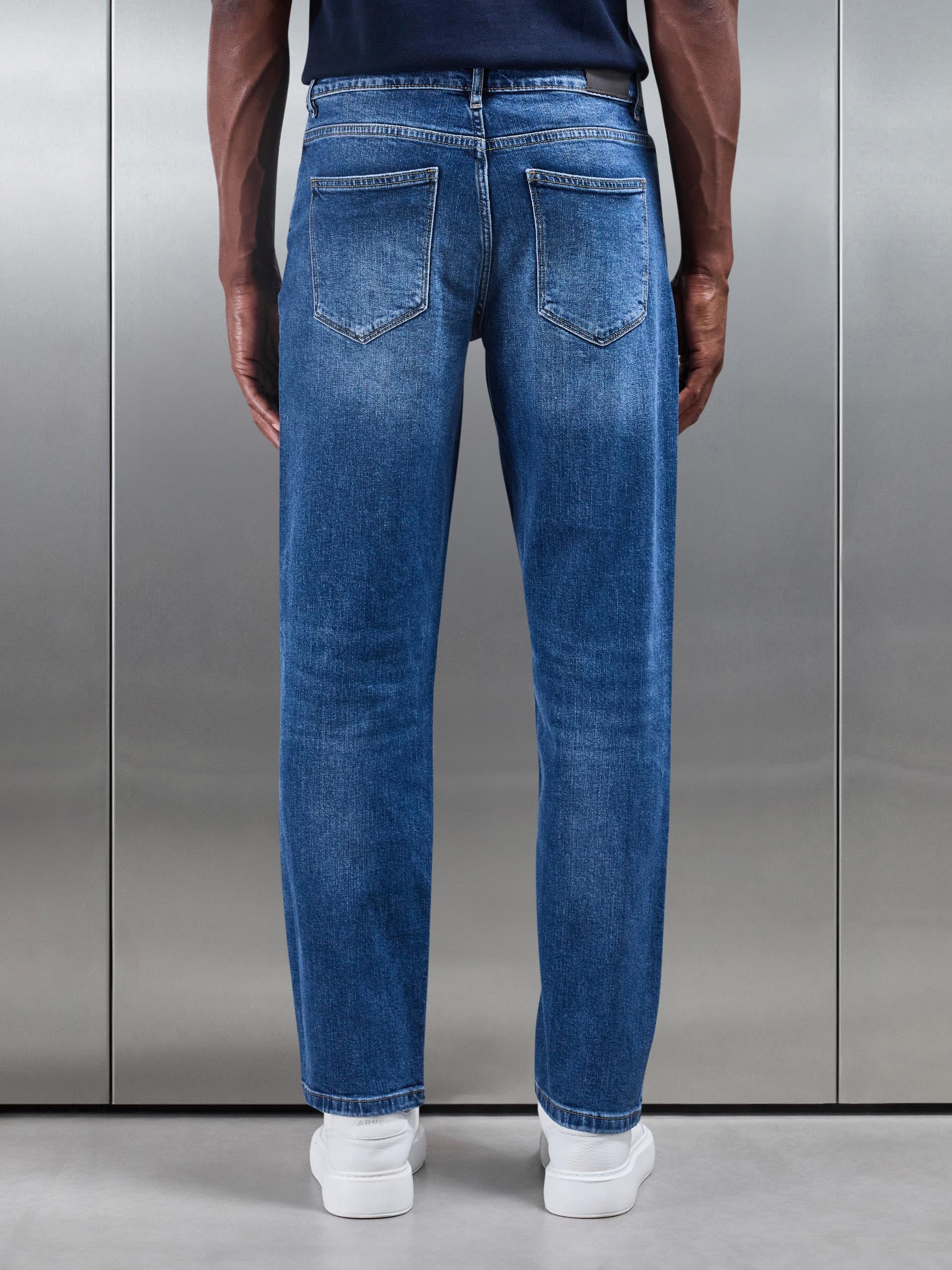 Straight Leg Denim Jeans in Mid Blue