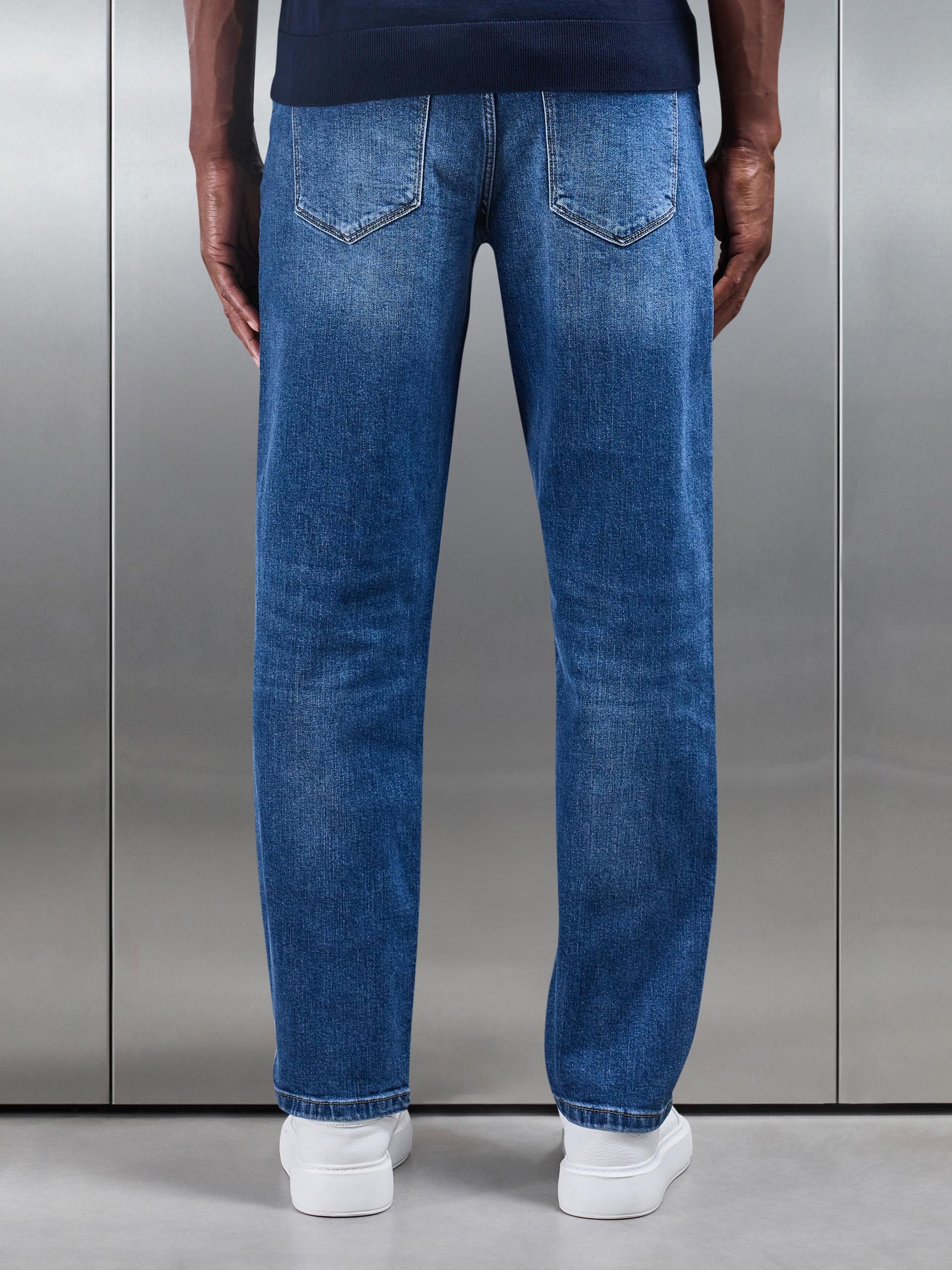 Straight Leg Denim Jeans in Mid Blue