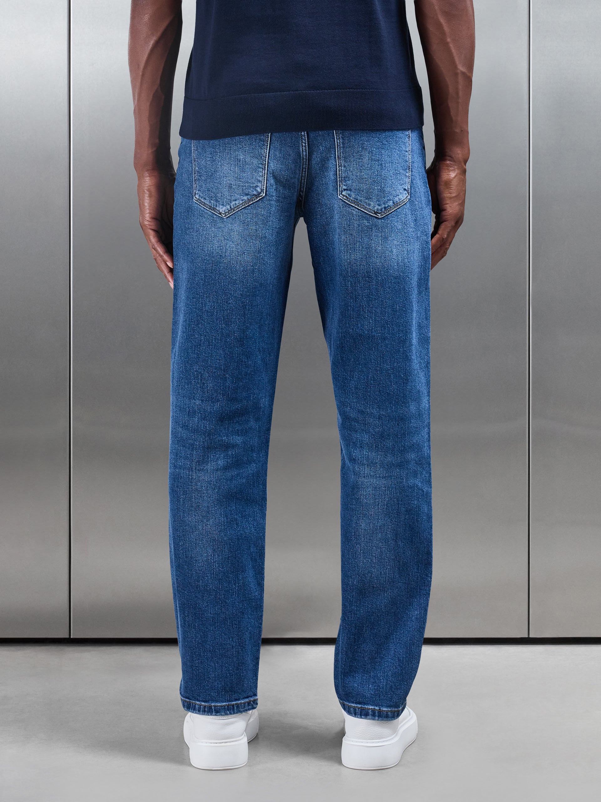 Straight Leg Denim Jeans in Mid Blue