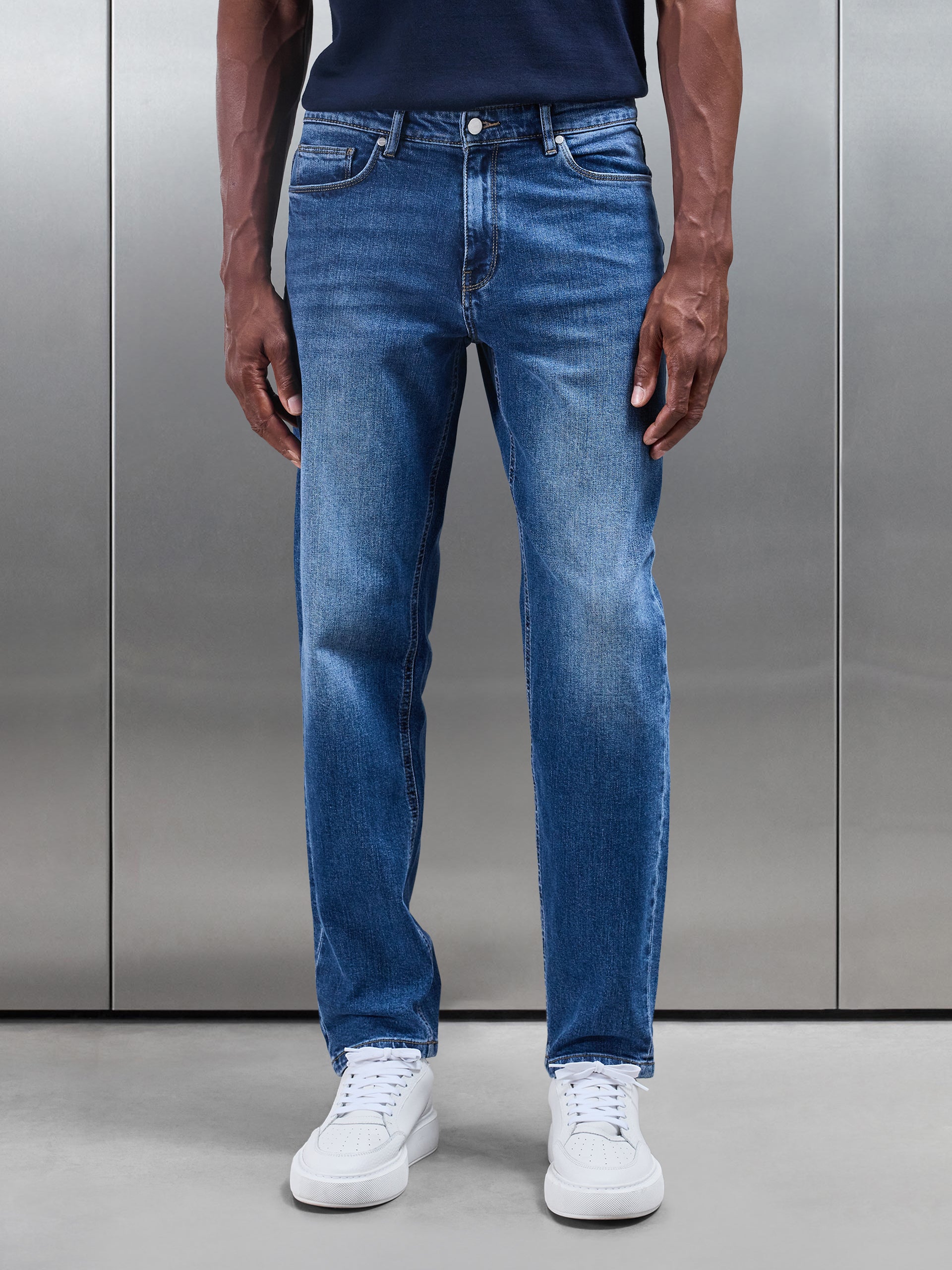 Straight Leg Denim Jeans in Mid Blue