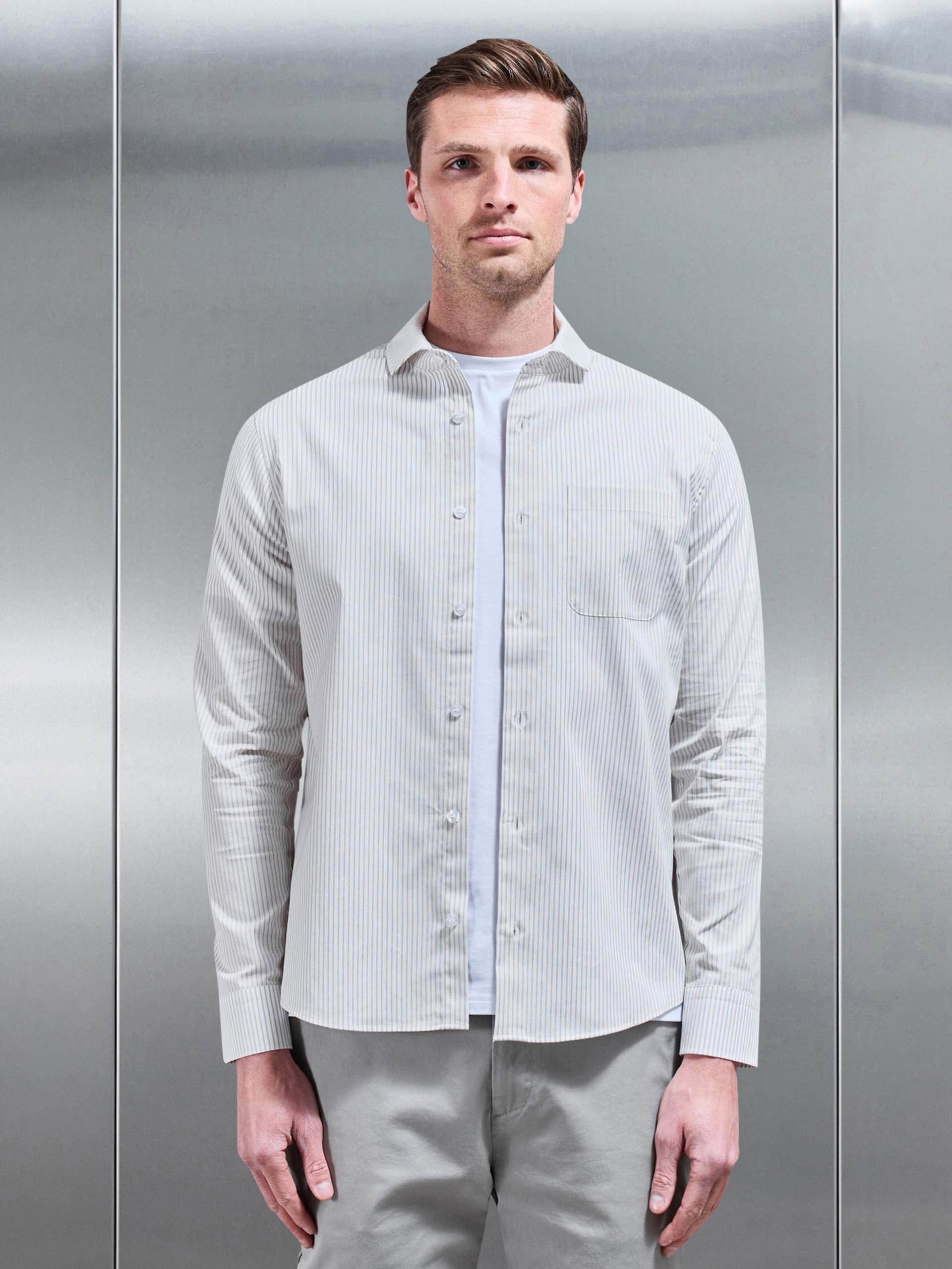 Stripe Long Sleeve Cutaway Collar Shirt in White