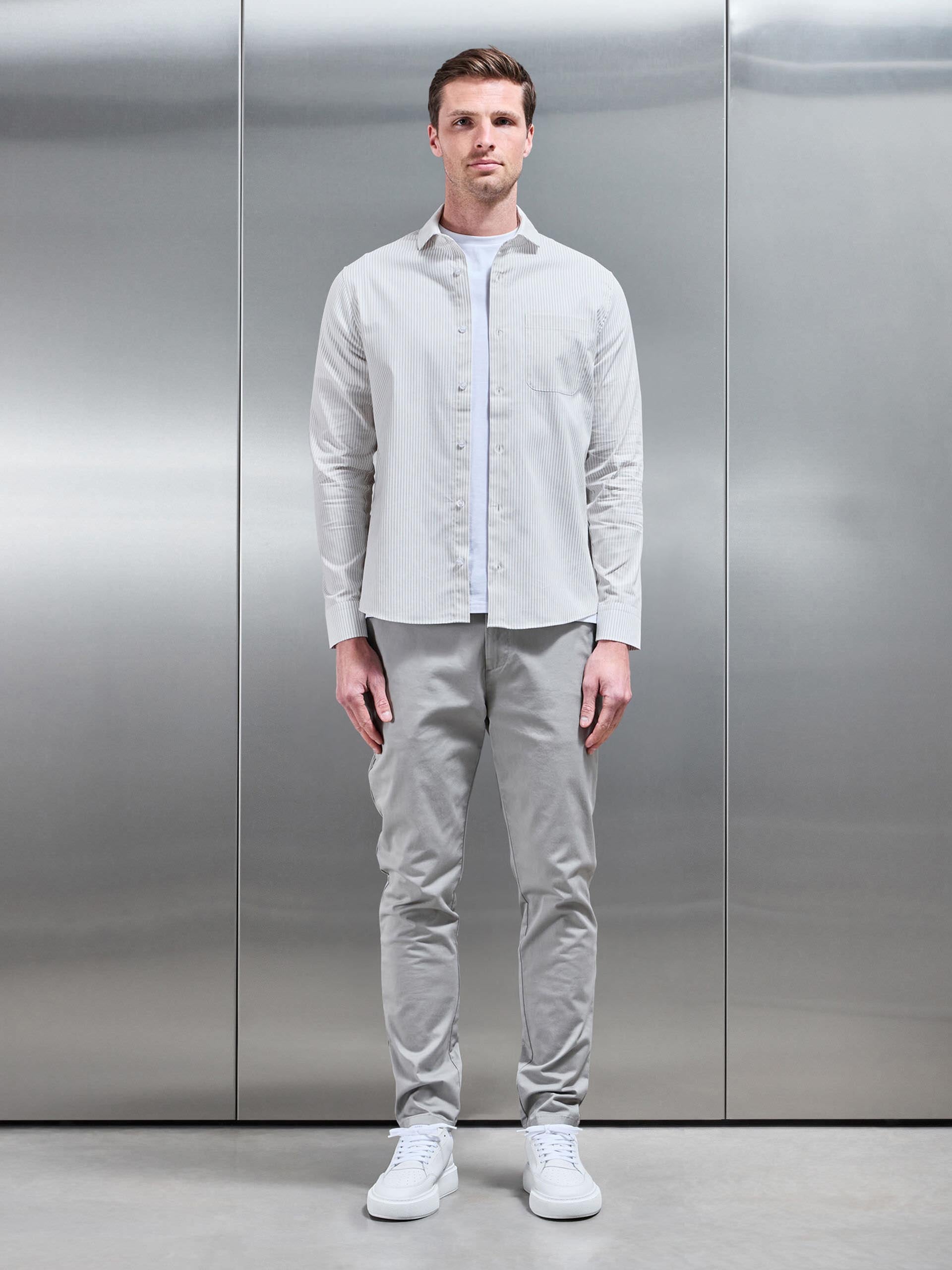 Stripe Long Sleeve Cutaway Collar Shirt in White