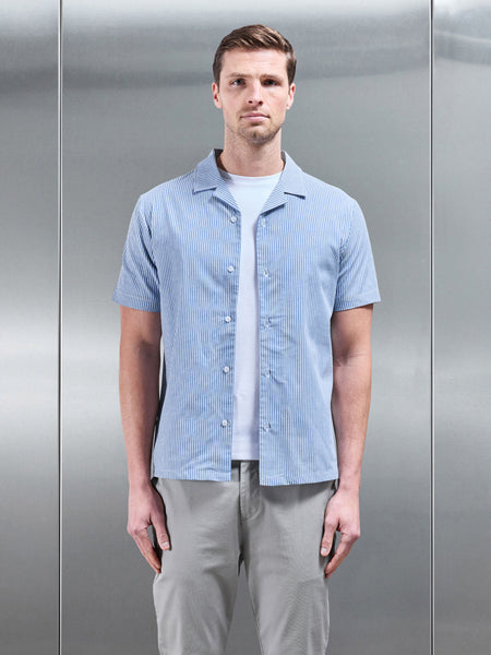 Stripe Short Sleeve Revere Collar Shirt in Blue