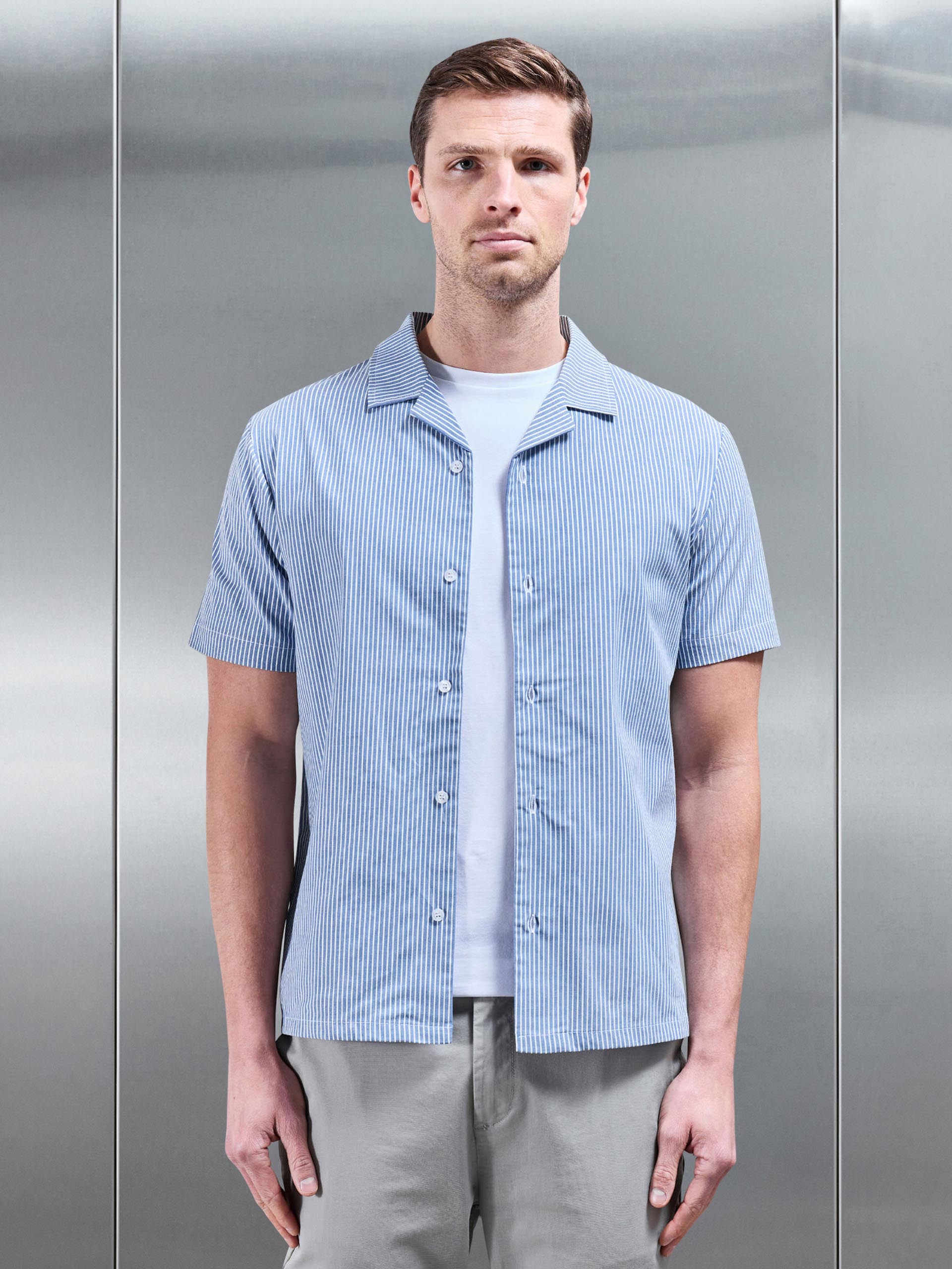 Stripe Short Sleeve Revere Collar Shirt in Blue