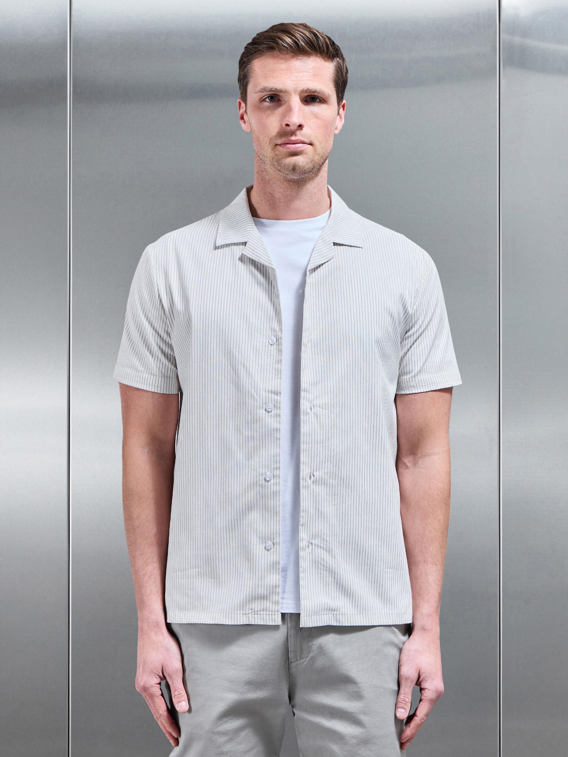 Stripe Short Sleeve Revere Collar Shirt in White