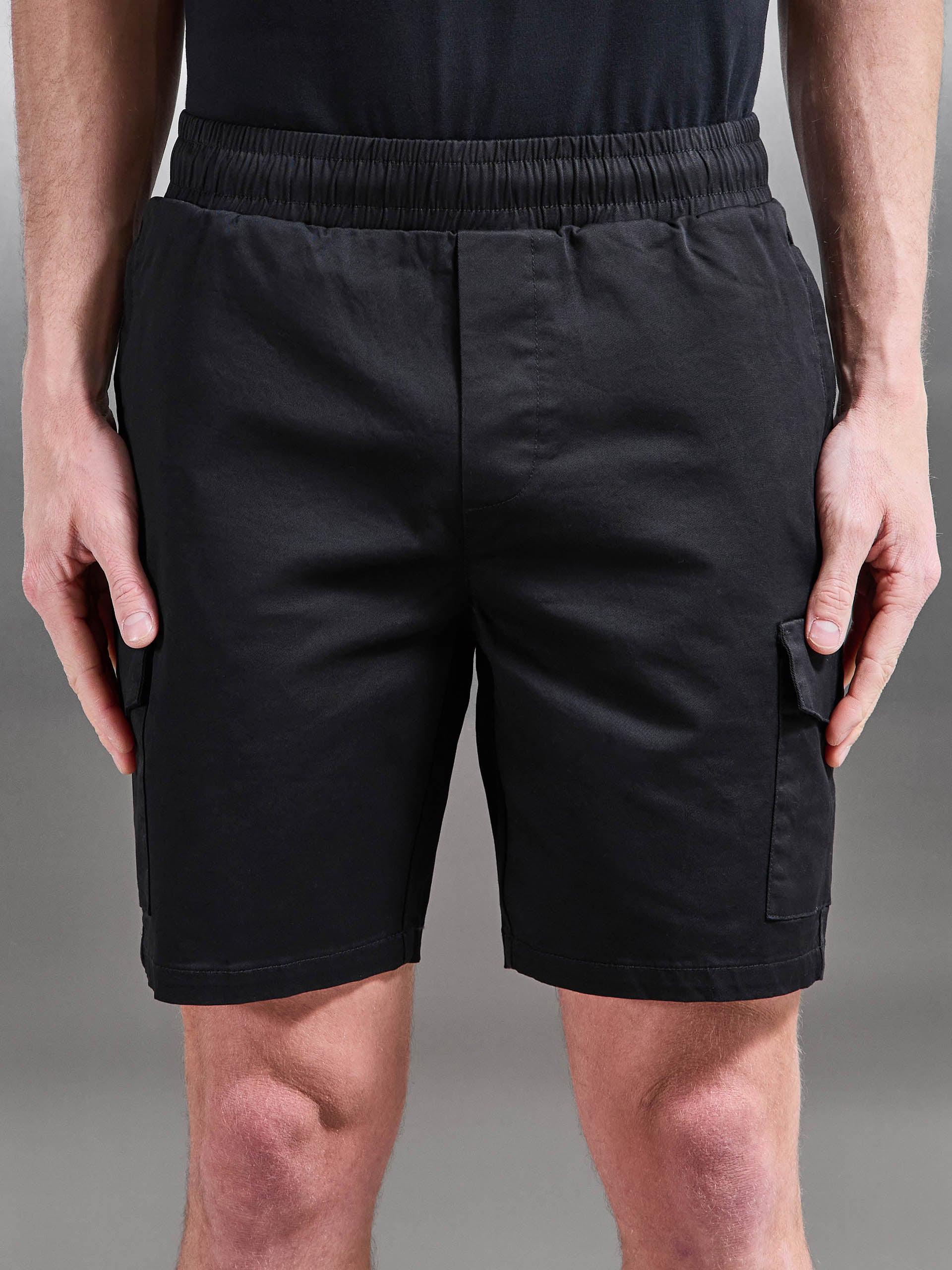 Tailored Drawstring Cargo Short in Black