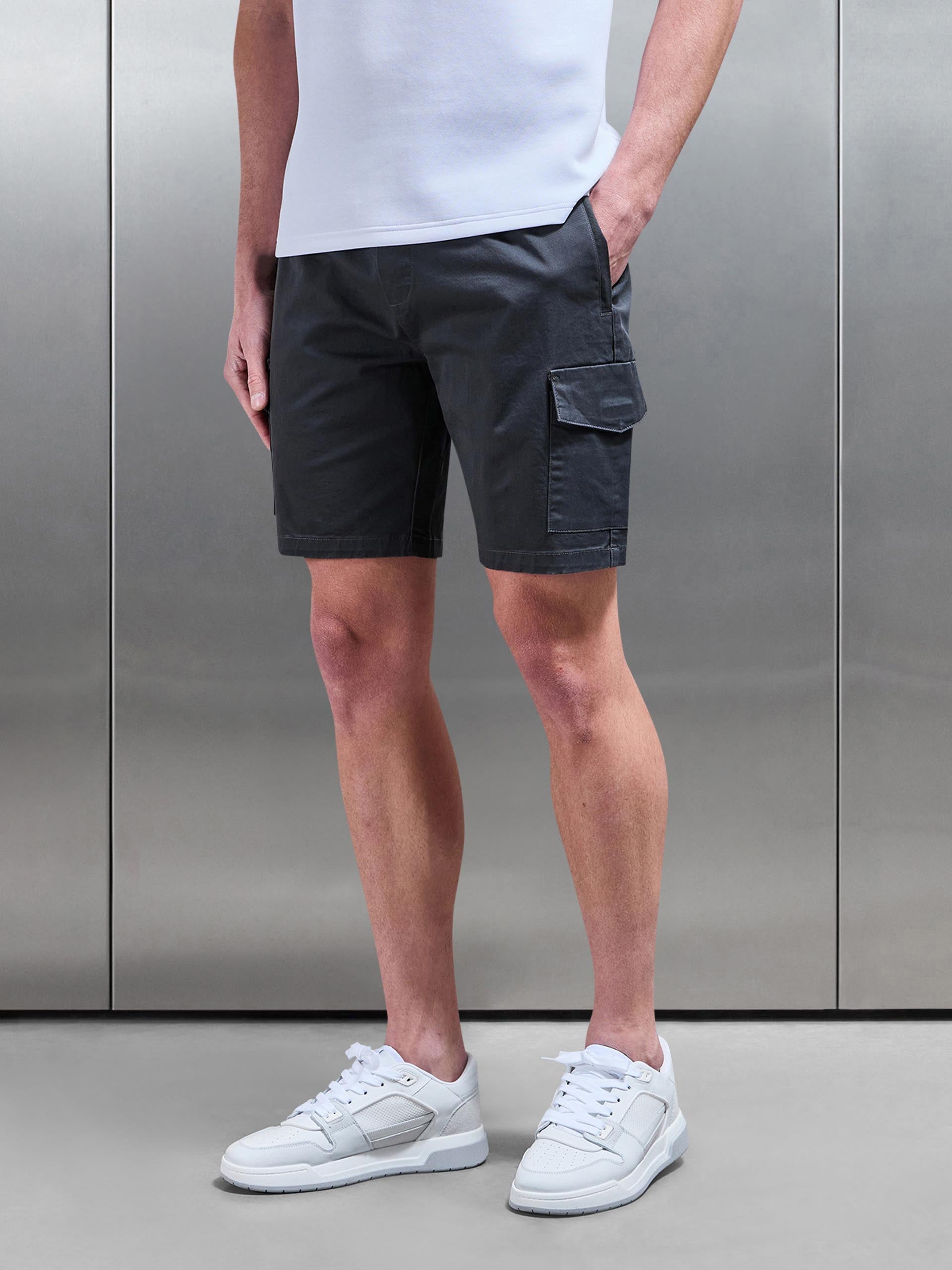 Tailored Drawstring Cargo Short in Grey