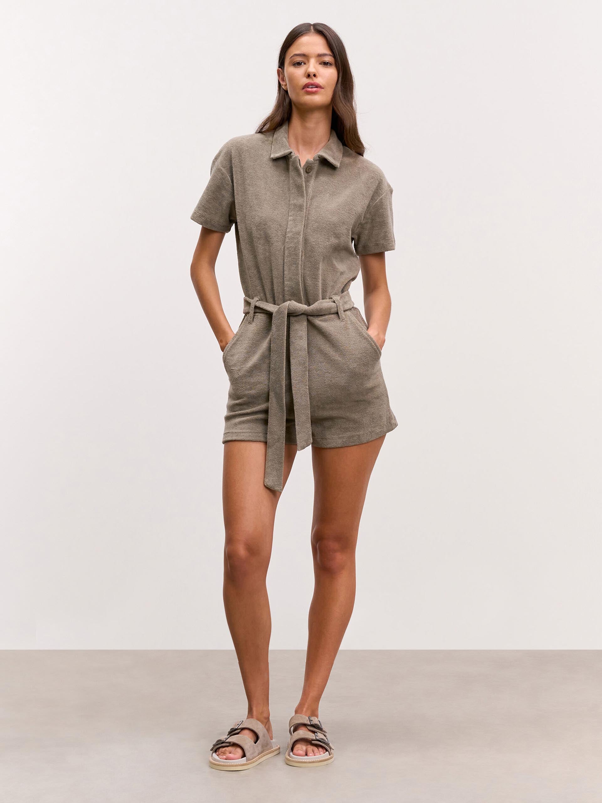 Womens Towelling Playsuit in Taupe