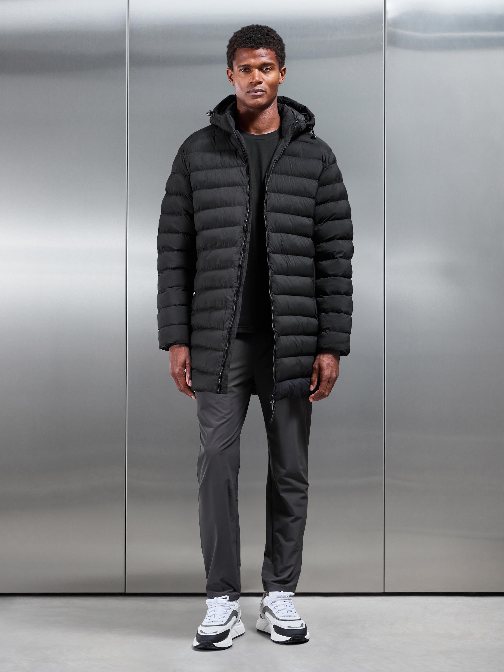 Technical Mid Length Puffer Jacket in Black
