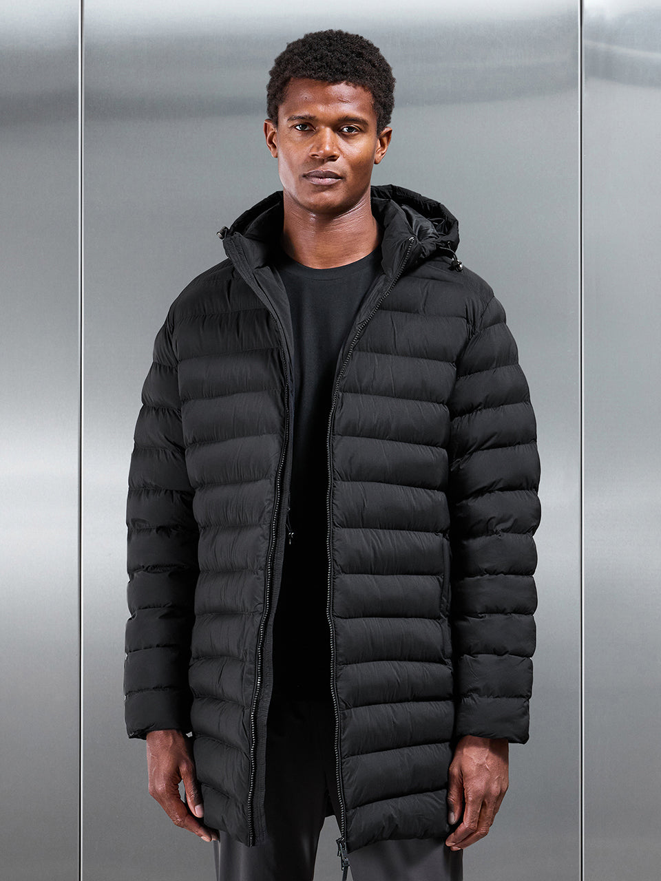 Technical Mid Length Puffer Jacket in Black