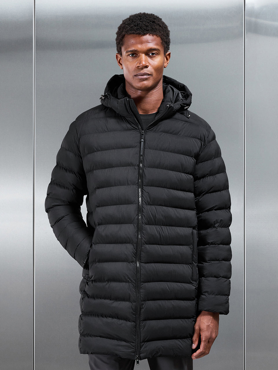 Technical Mid Length Puffer Jacket in Black