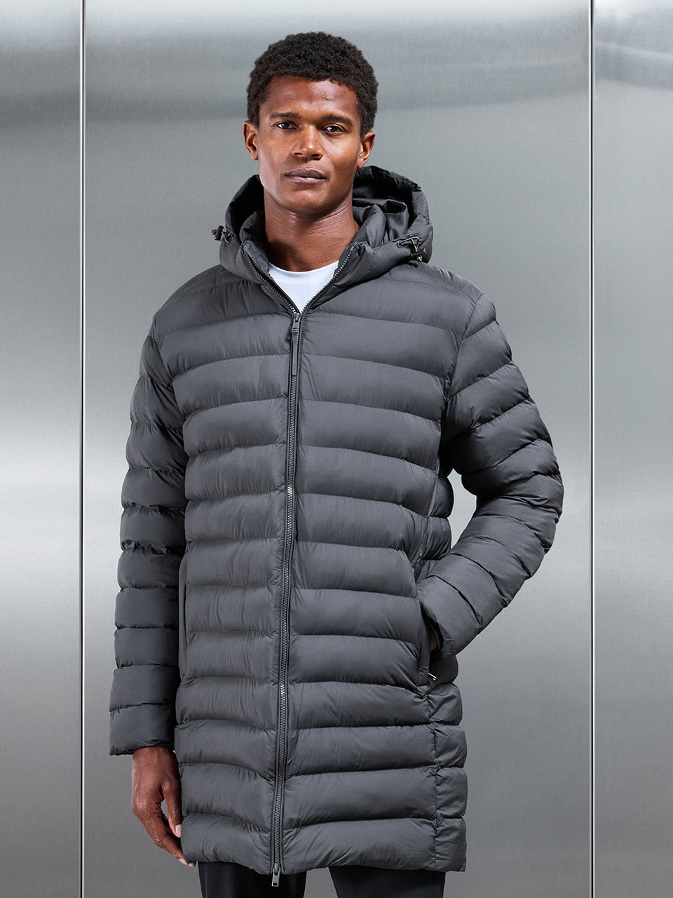 Technical Mid Length Puffer Jacket in Grey