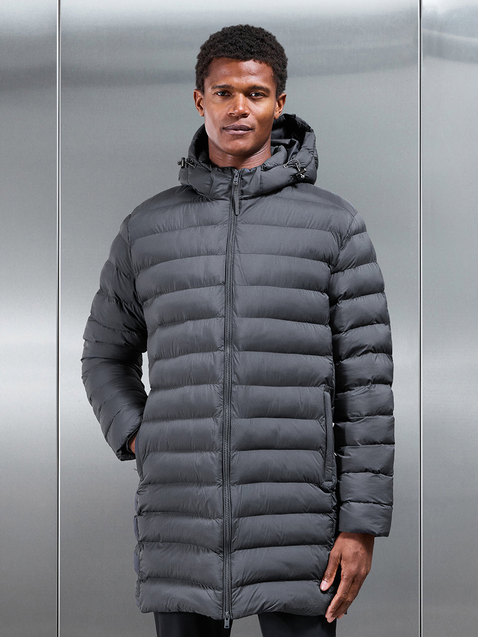 Technical Mid Length Puffer Jacket in Grey