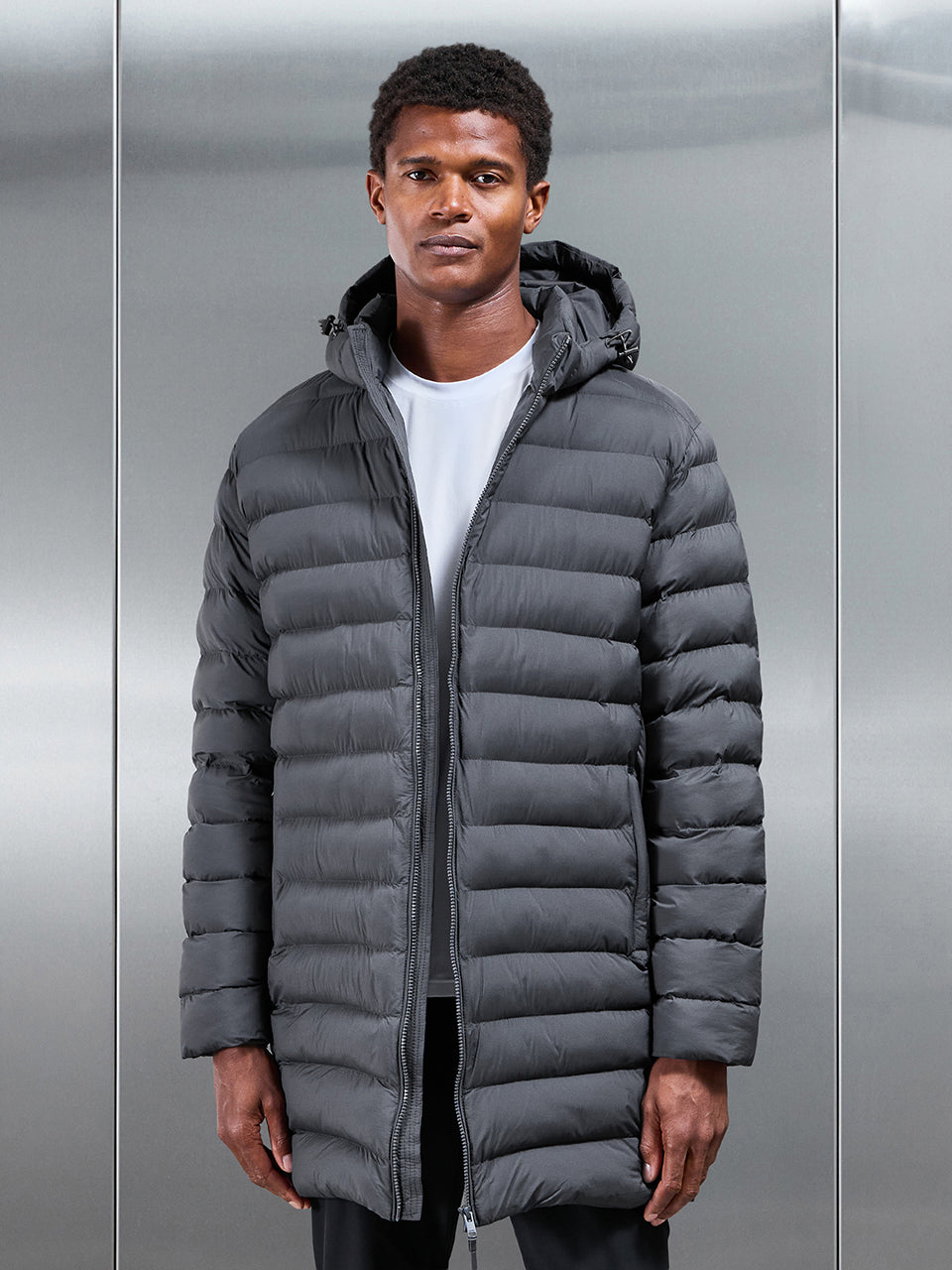 Technical Mid Length Puffer Jacket in Grey