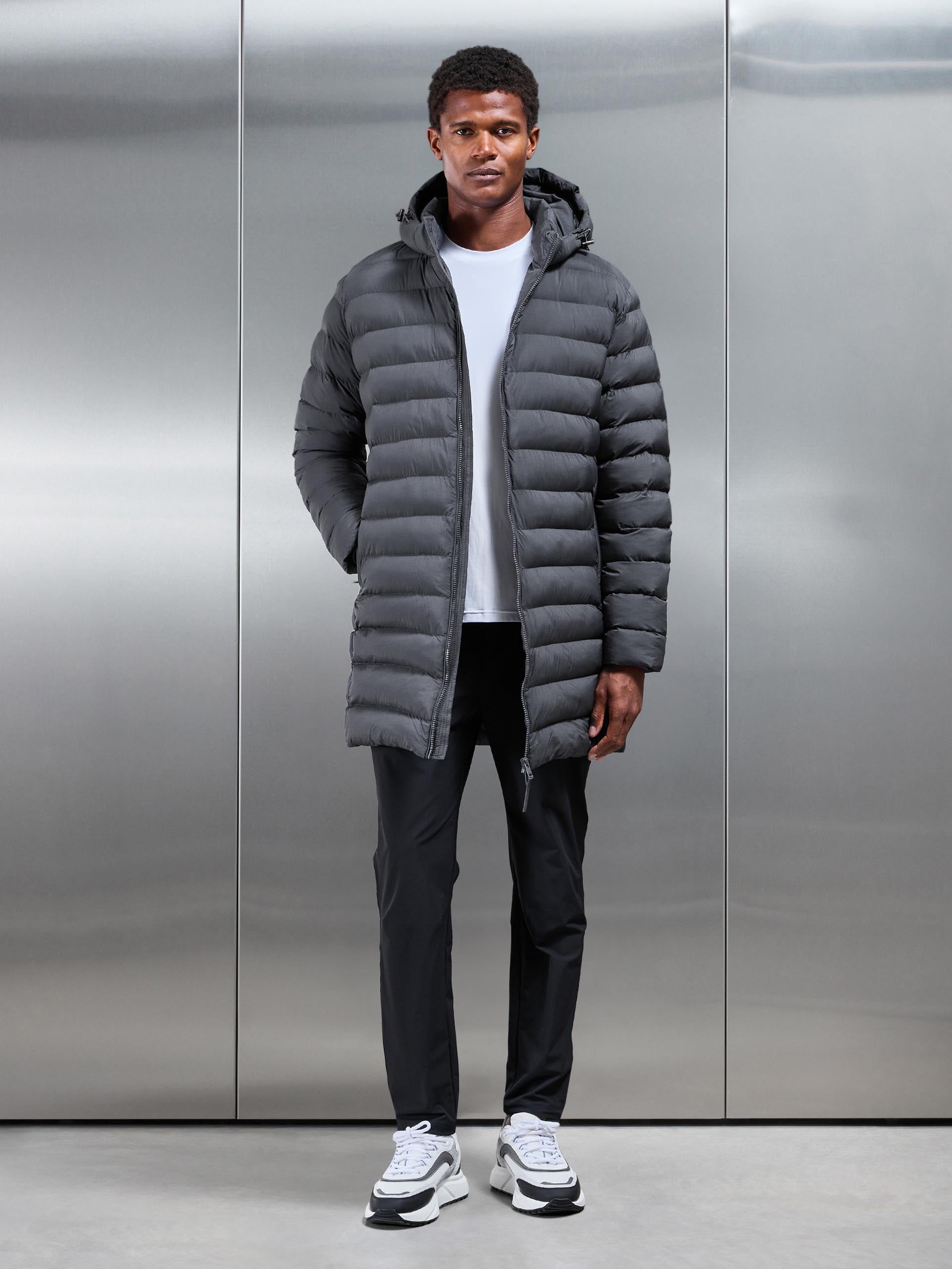 Technical Mid Length Puffer Jacket in Grey