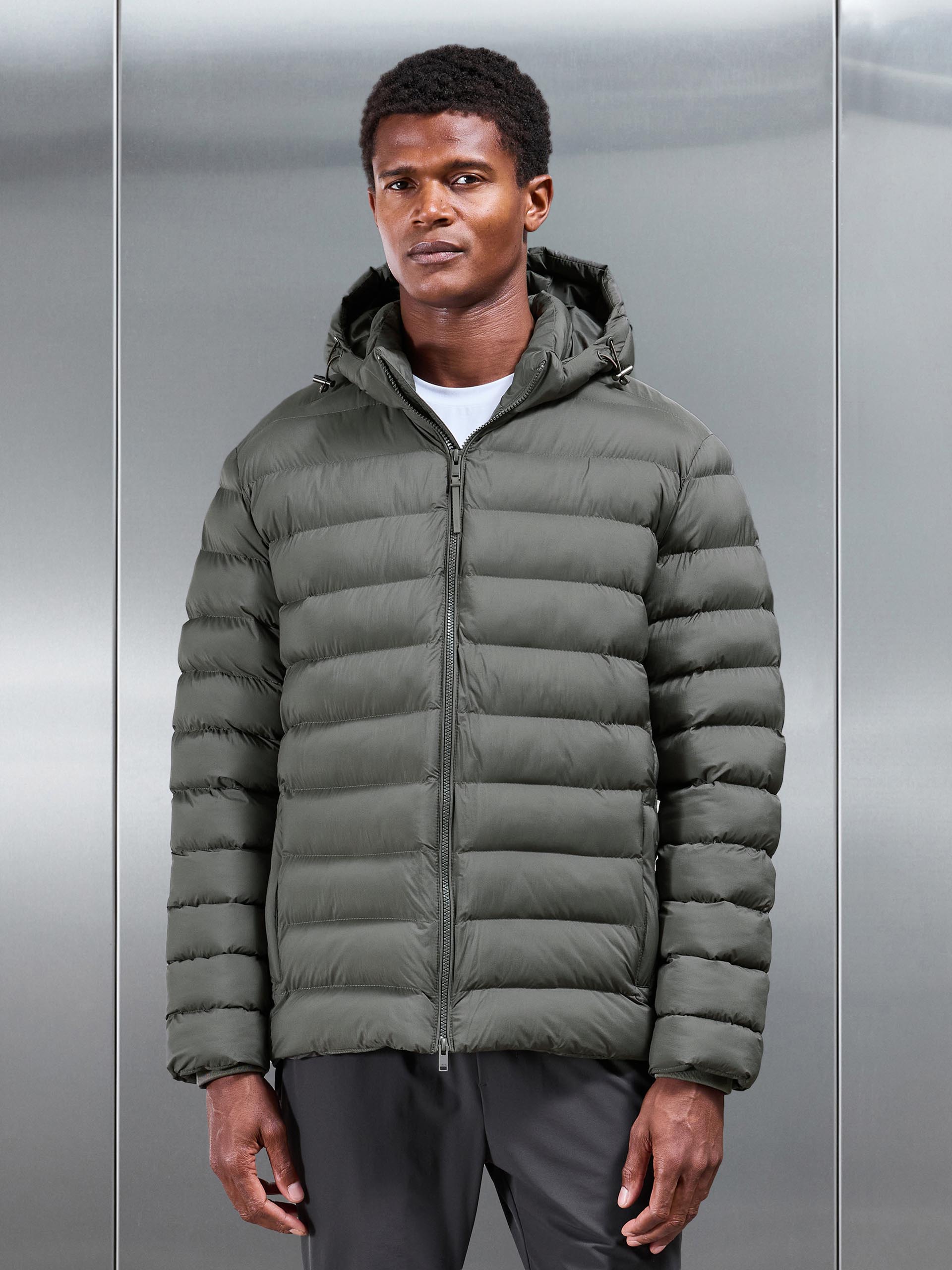 Technical Short Puffer Jacket in Olive