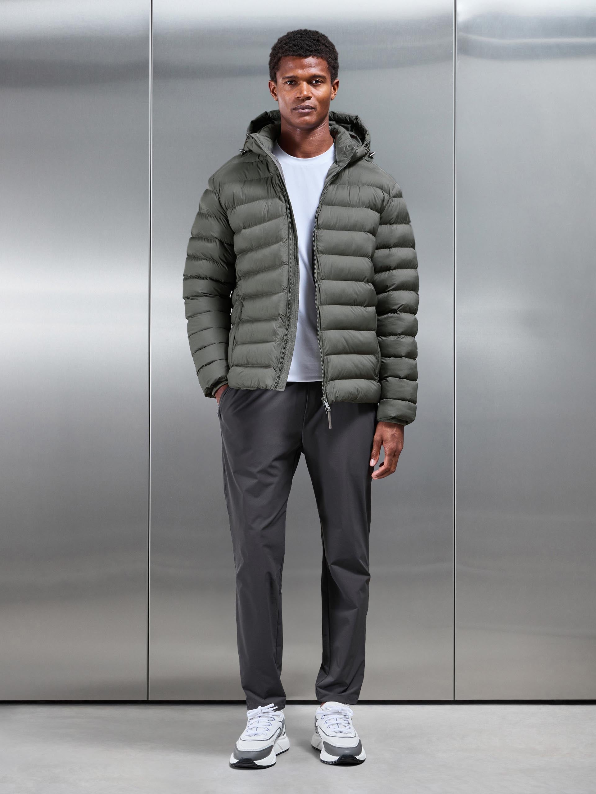 Technical Short Puffer Jacket in Olive