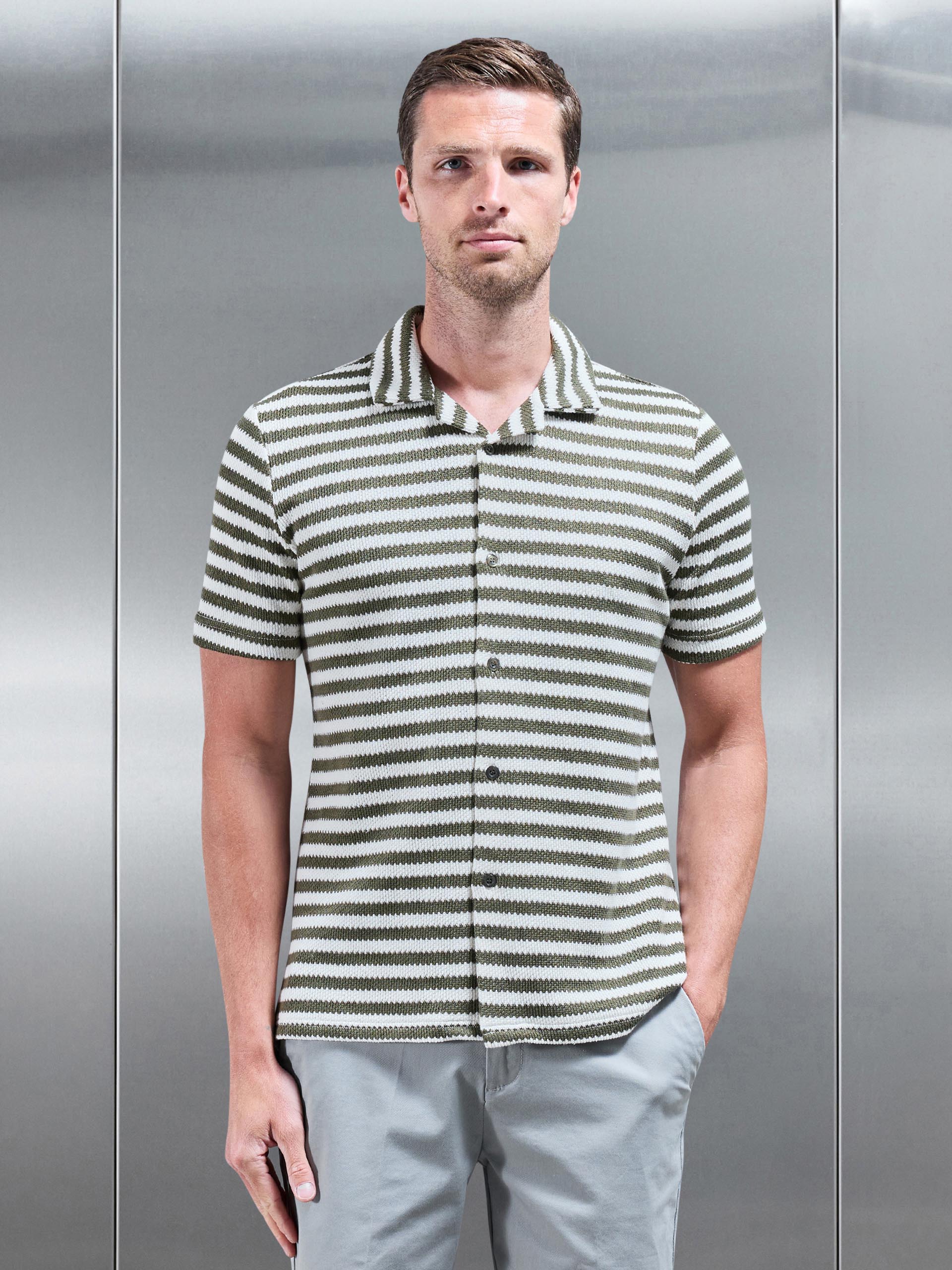Textured Stripe Revere Collar Shirt in Olive