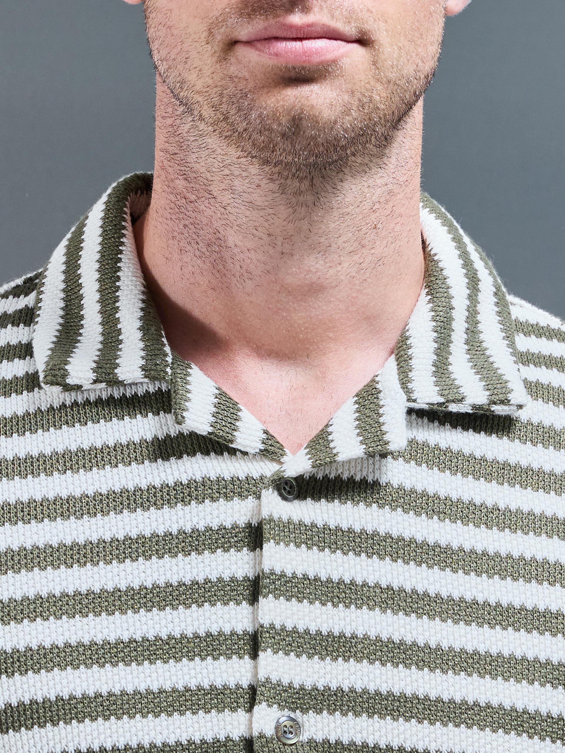 Textured Stripe Revere Collar Shirt in Olive