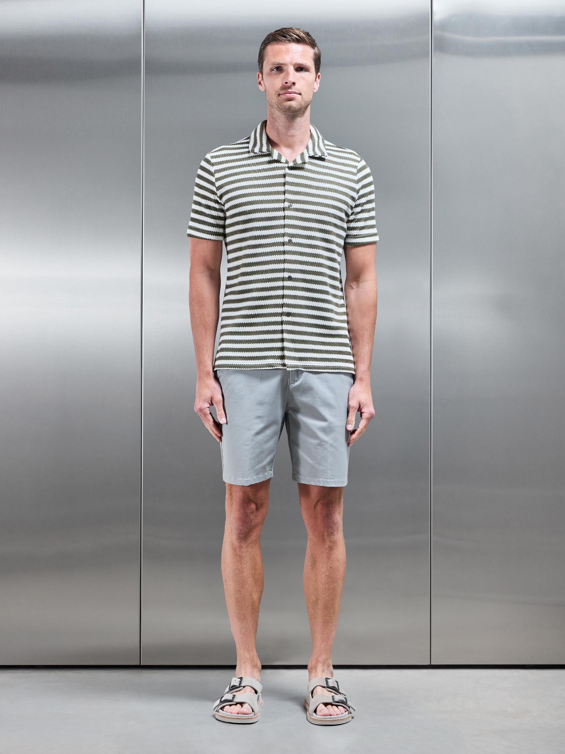 Textured Stripe Revere Collar Shirt in Olive