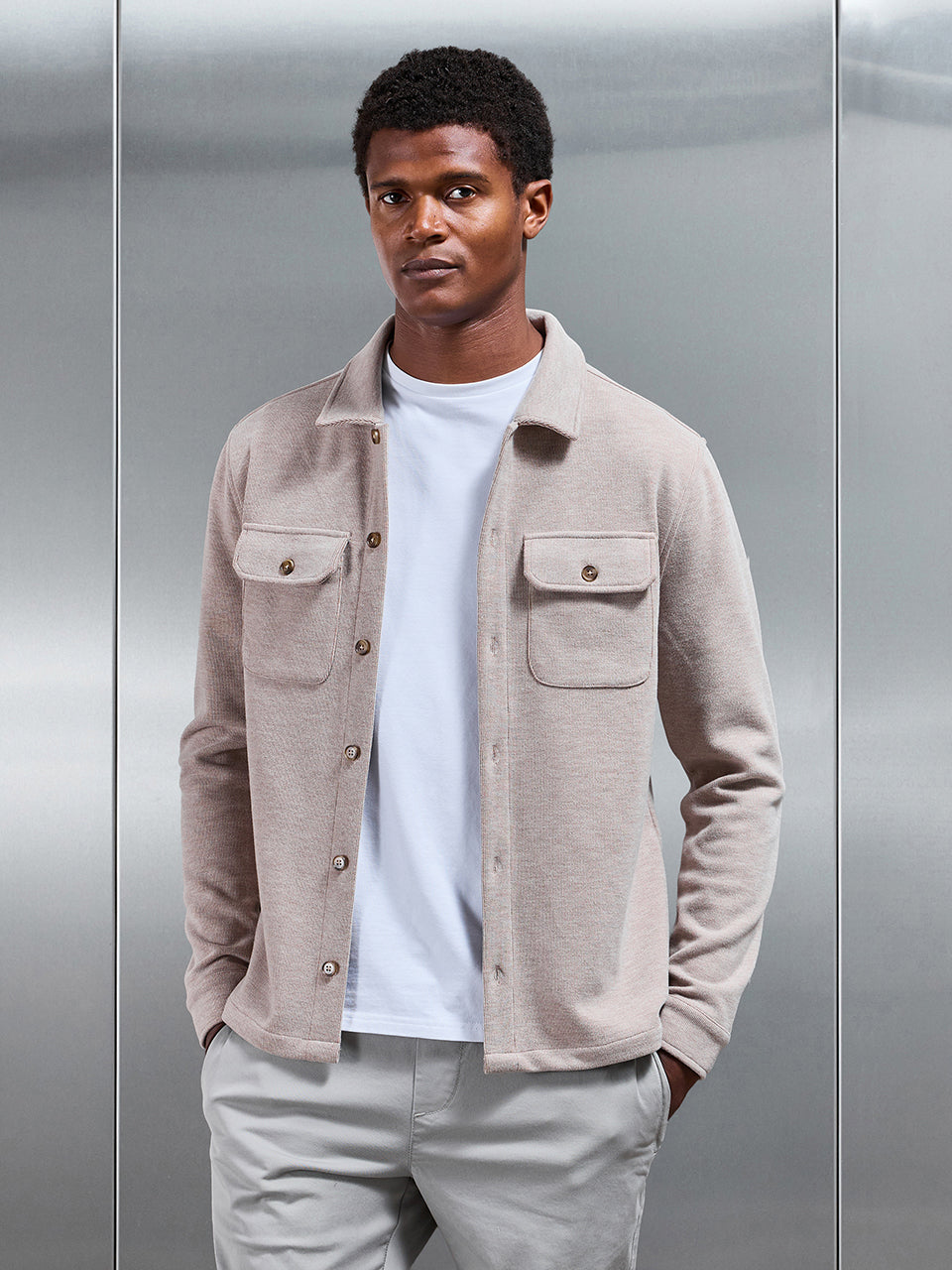 Textured Knitted Overshirt in Taupe