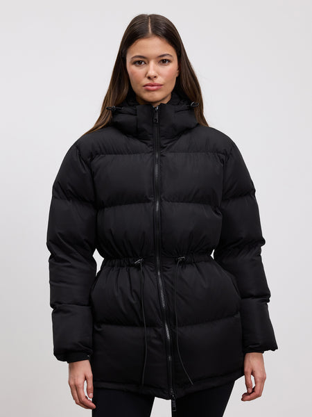 Womens Tie Waist Puffer Jacket in Black
