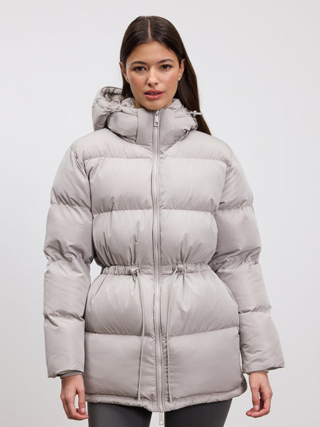 Womens Tie Waist Puffer Jacket in Stone