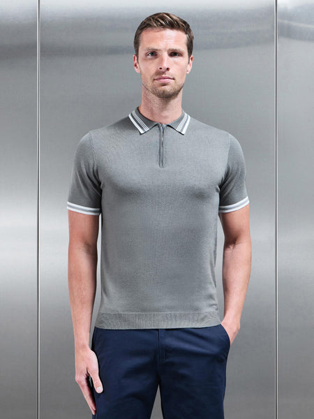 Tipped Knitted Polo Shirt in Sage