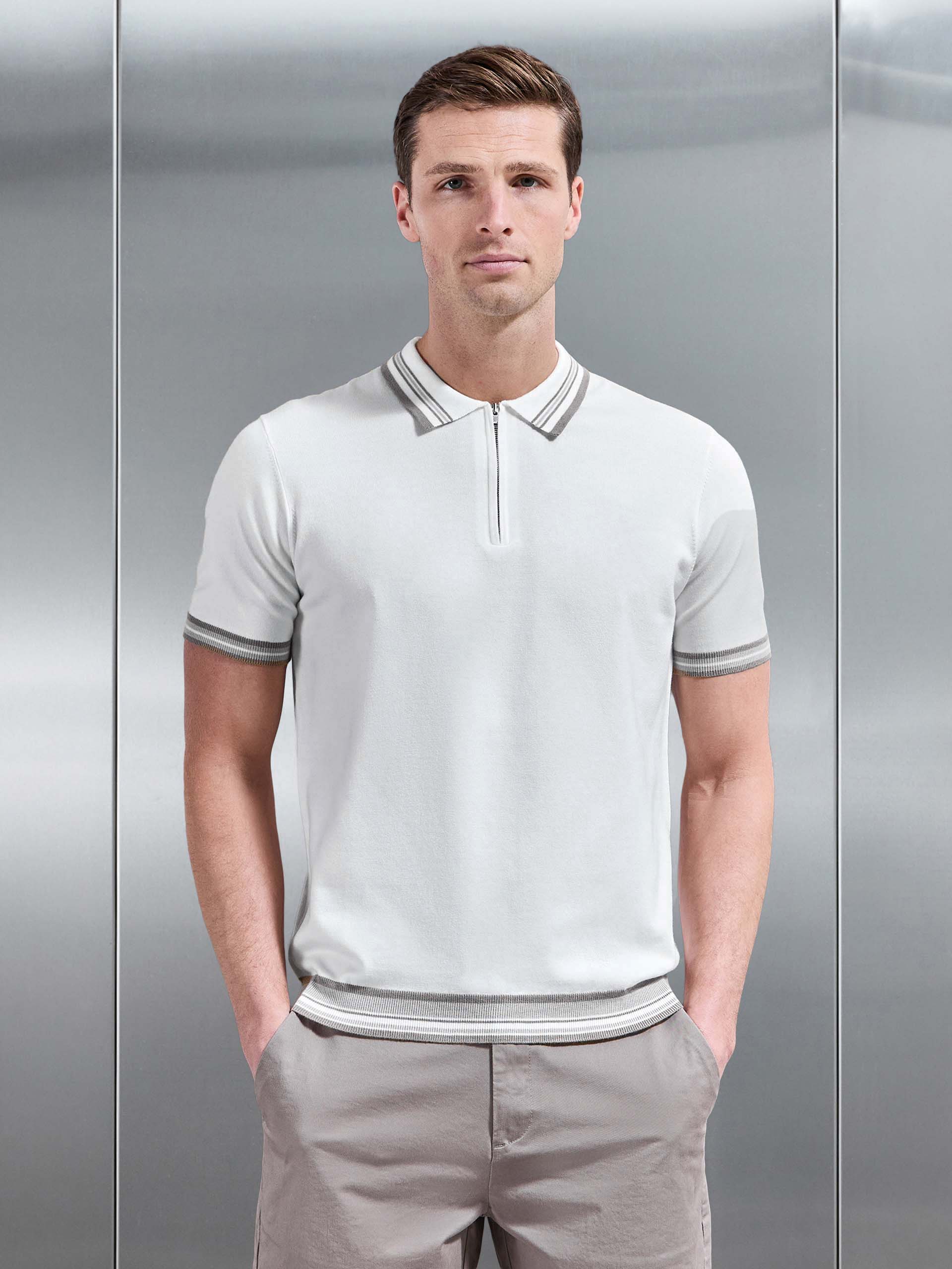 Tipped Knitted Polo Shirt in White