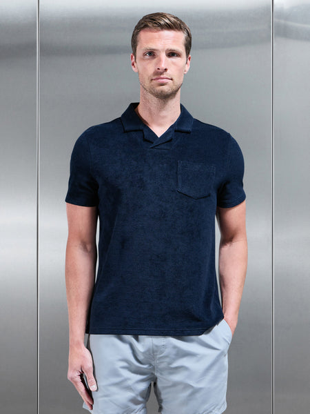 Towelling Revere Collar Polo Shirt in Navy