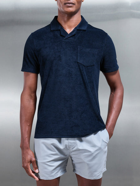 Towelling Revere Collar Polo Shirt in Navy