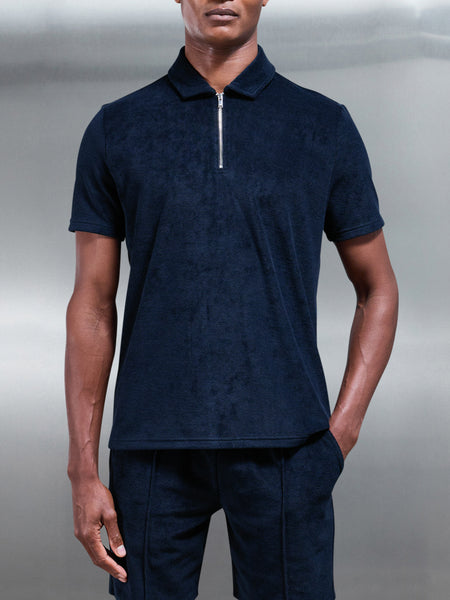 Towelling Zip Polo Shirt in Navy