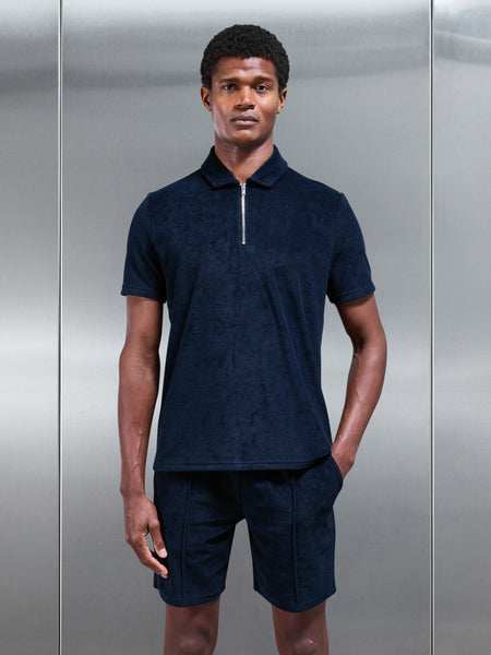 Towelling Zip Polo Shirt in Navy