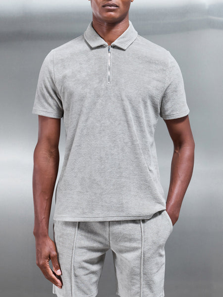 Towelling Zip Polo Shirt in Stone