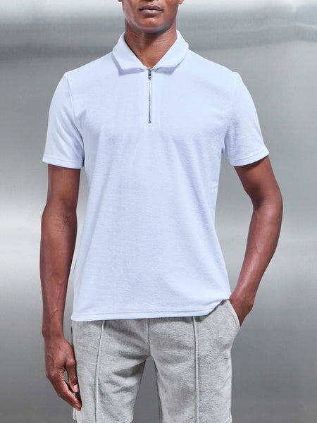 Towelling Zip Polo Shirt in White