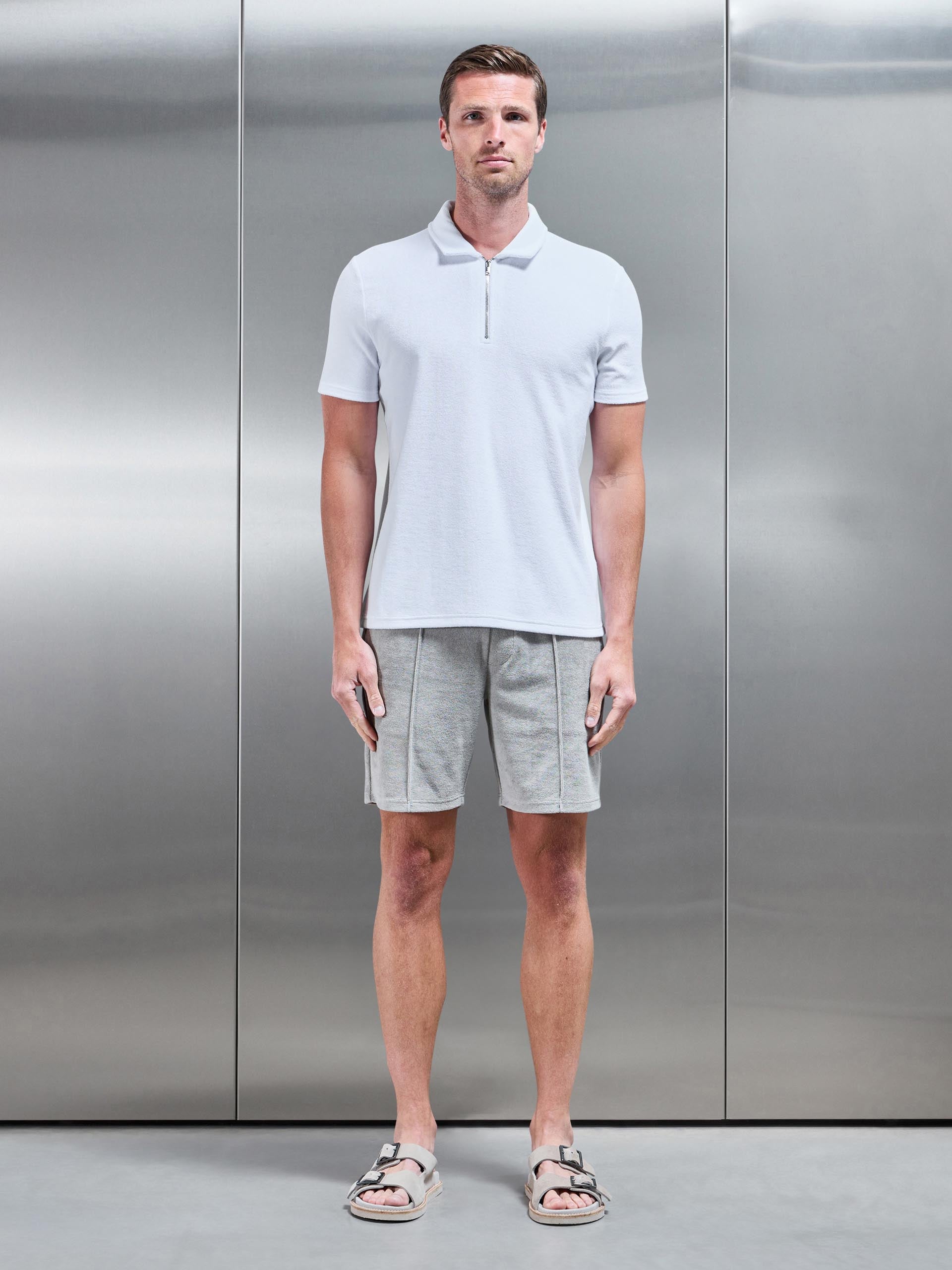 Towelling Zip Polo Shirt in White