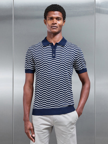 Wave Knitted Button Polo Shirt in Navy Mid Grey