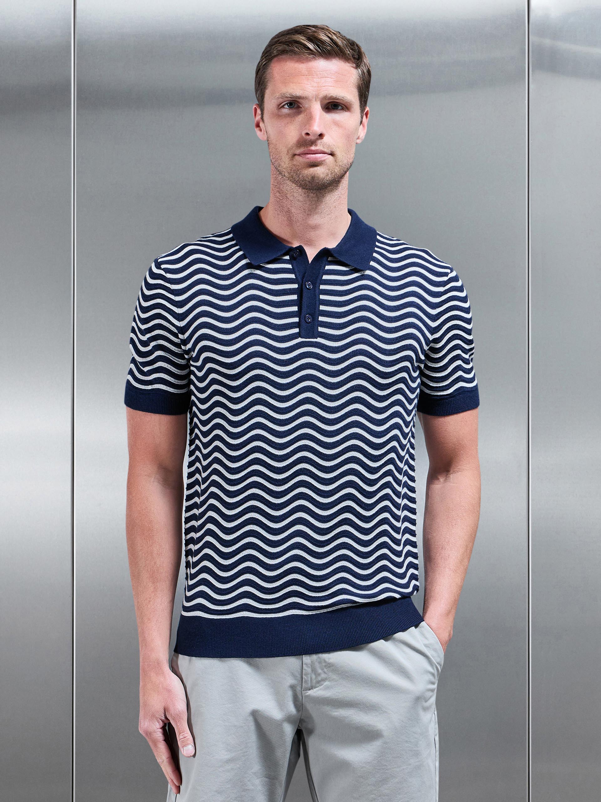 Wave Knitted Button Polo Shirt in Navy Mid Grey