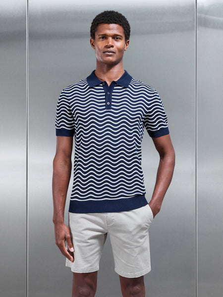 Wave Knitted Button Polo Shirt in Navy Mid Grey