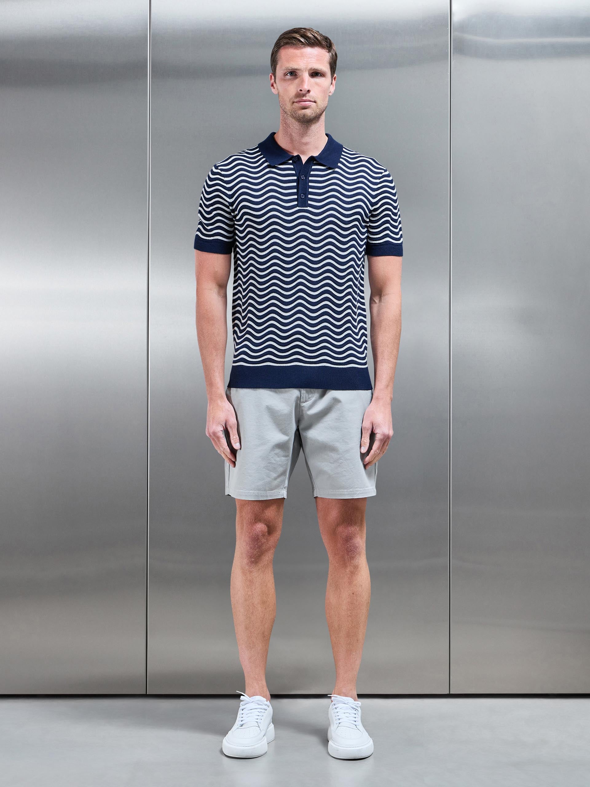 Wave Knitted Button Polo Shirt in Navy Mid Grey