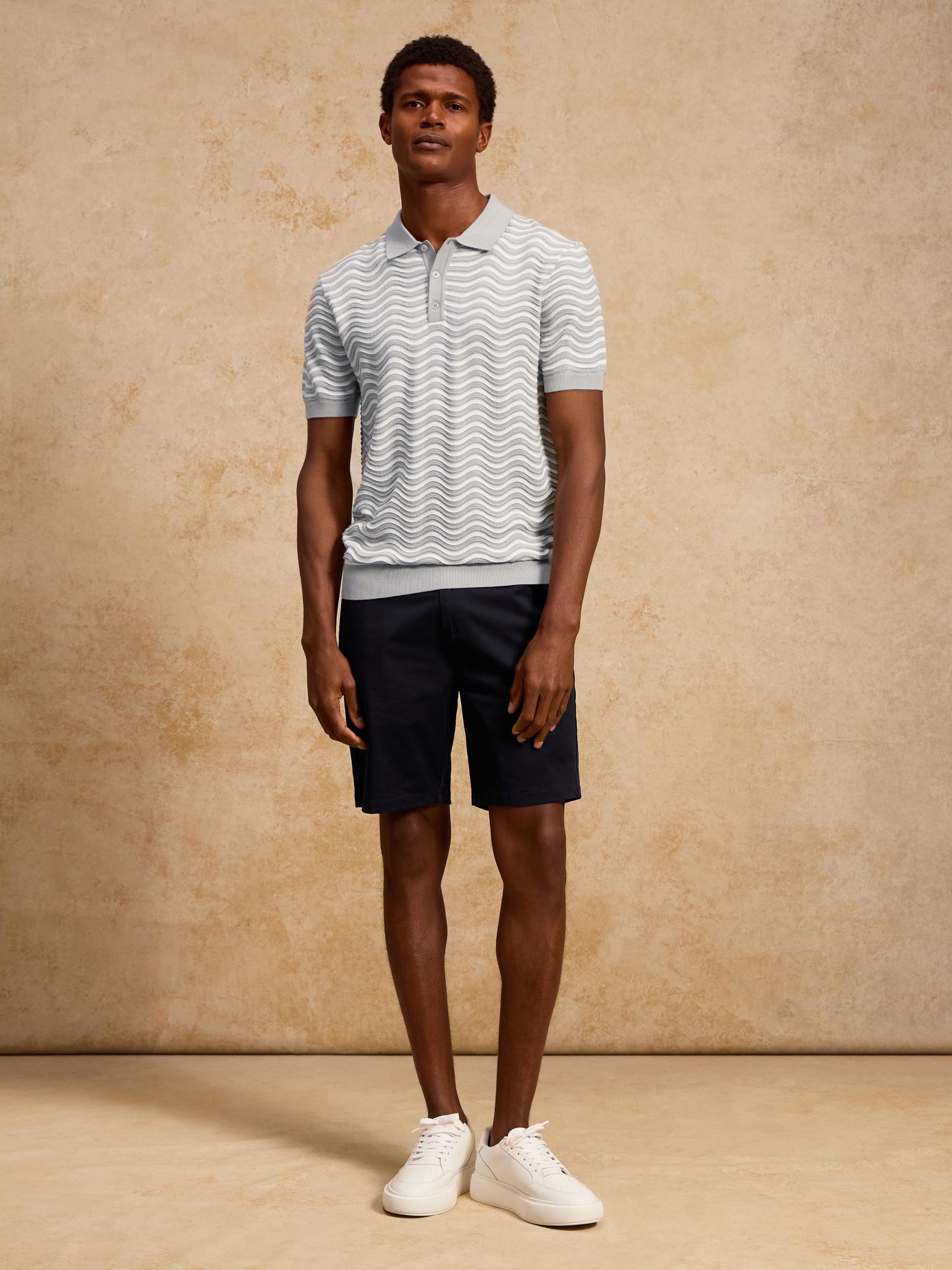 Wave Knitted Button Polo Shirt in Stone White