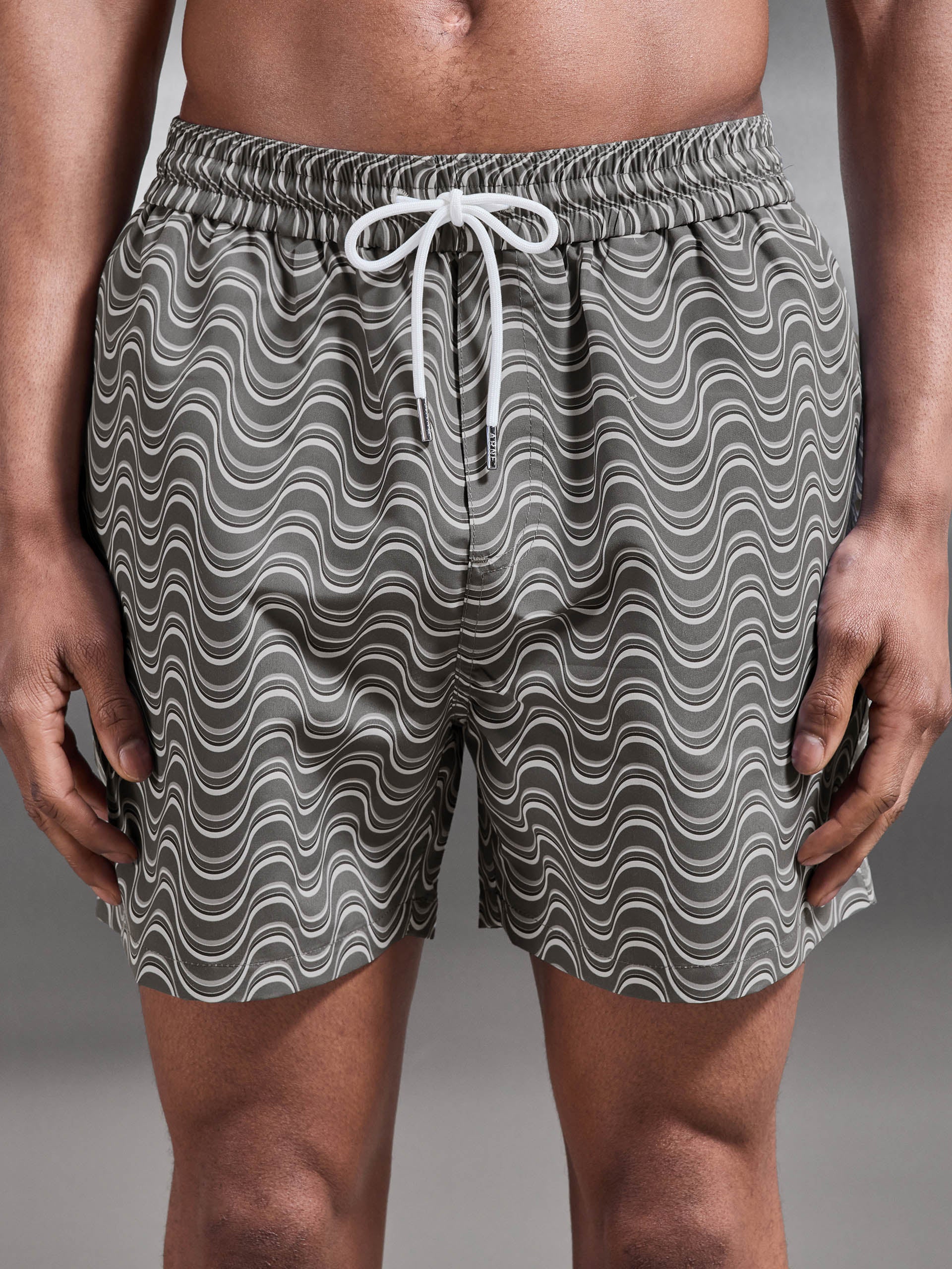 Wave Printed Drawstring Swim Short in Grey