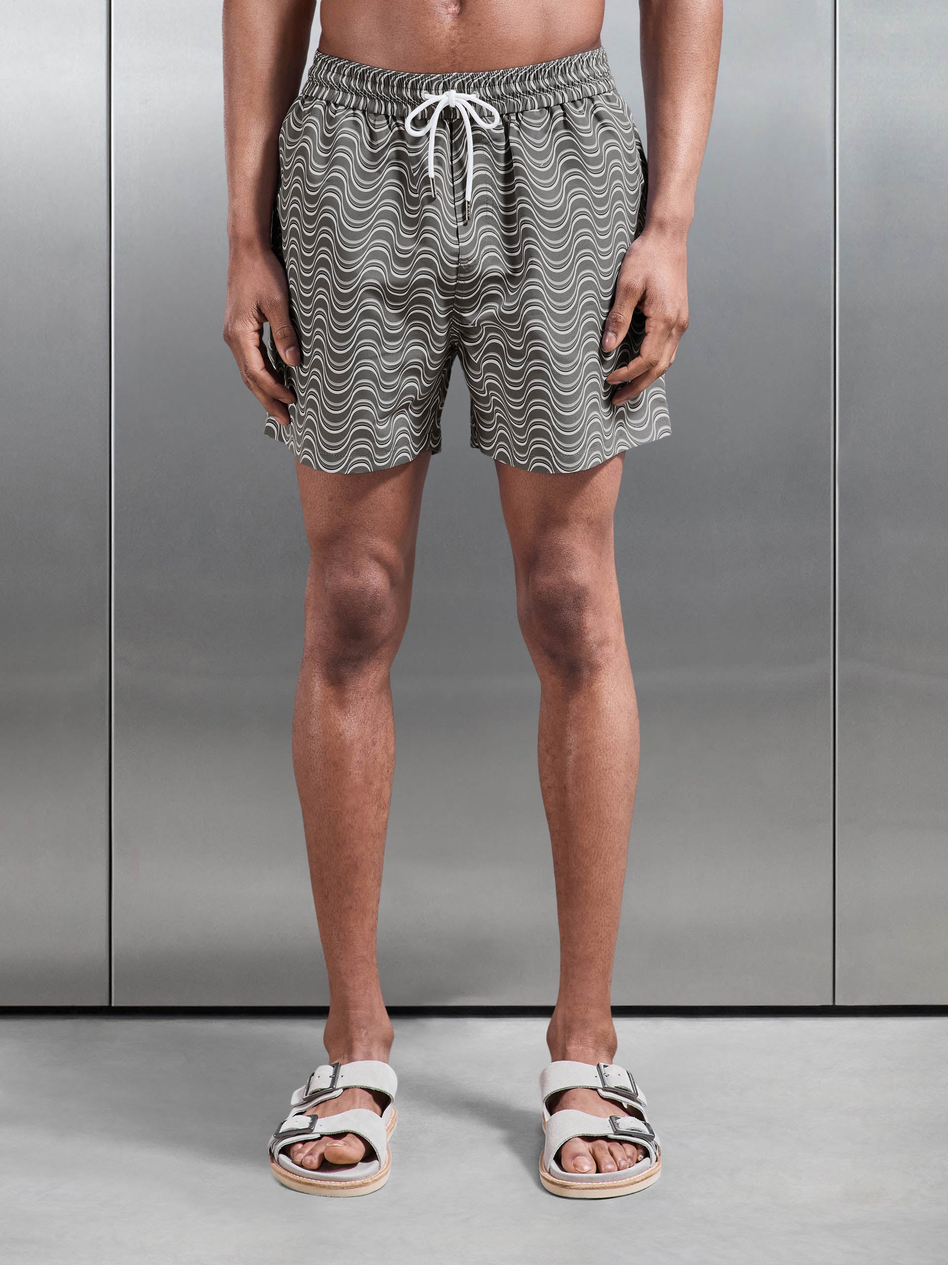 Wave Printed Drawstring Swim Short in Grey