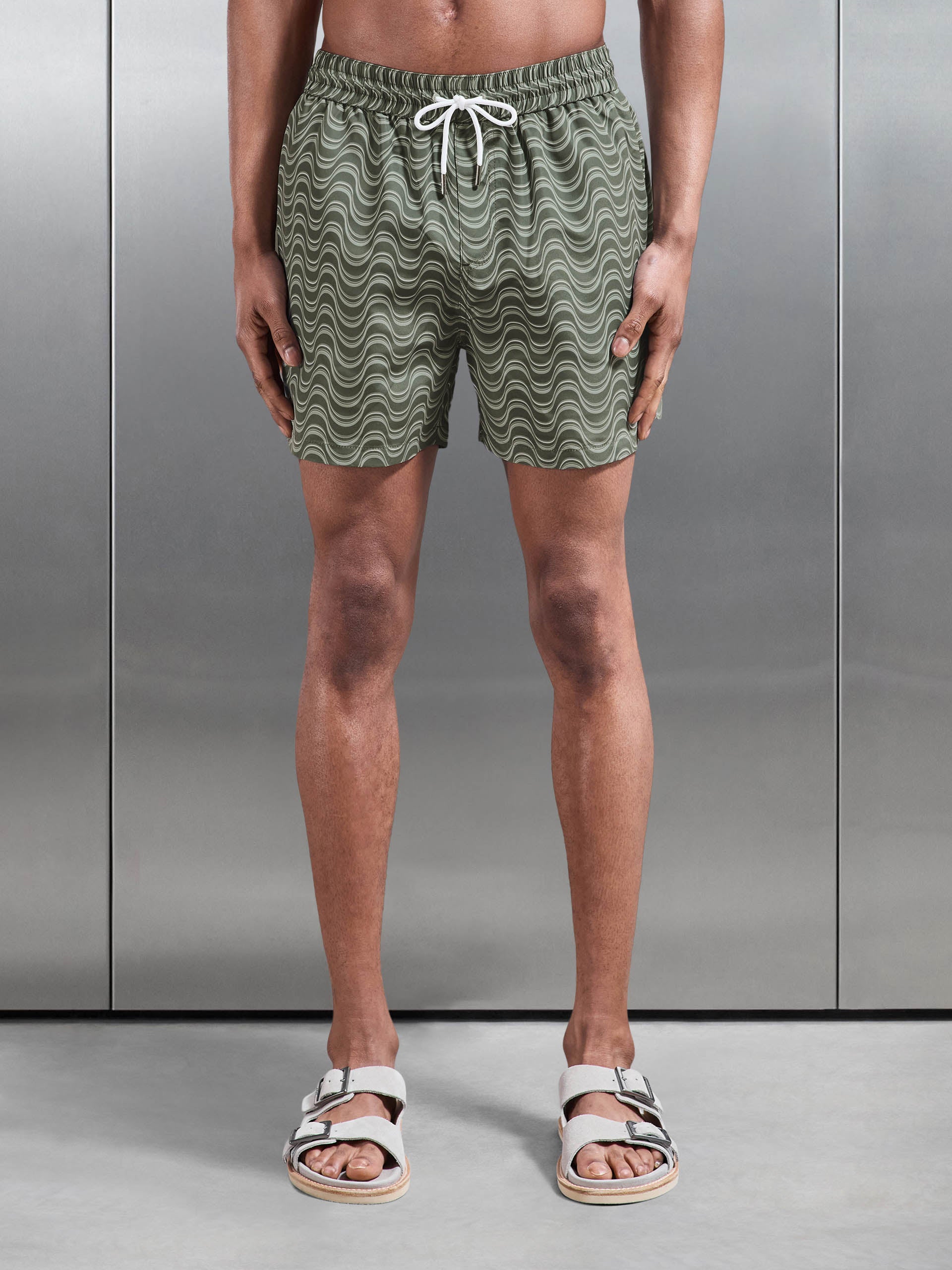 Wave Printed Drawstring Swim Short in Sage